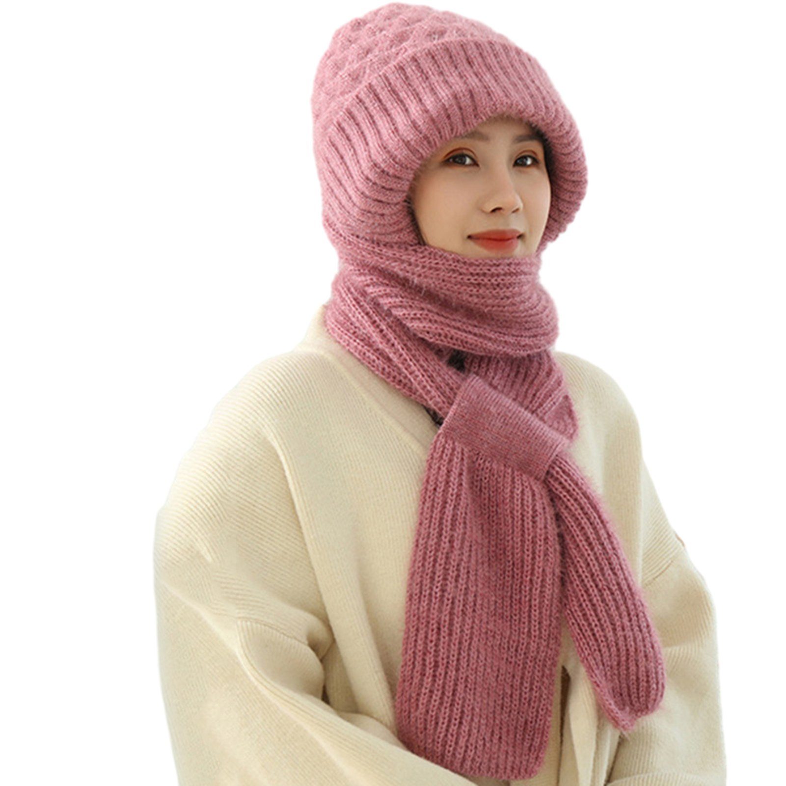 Rutaqian Strickmütze Integrierter Ohrenschutz Winddichte Mütze und Schal (Plus Samt Dicke warme Ohrenschutzmütze, Modische, Warme Winter-Strickmütze für Frauen) Rosa