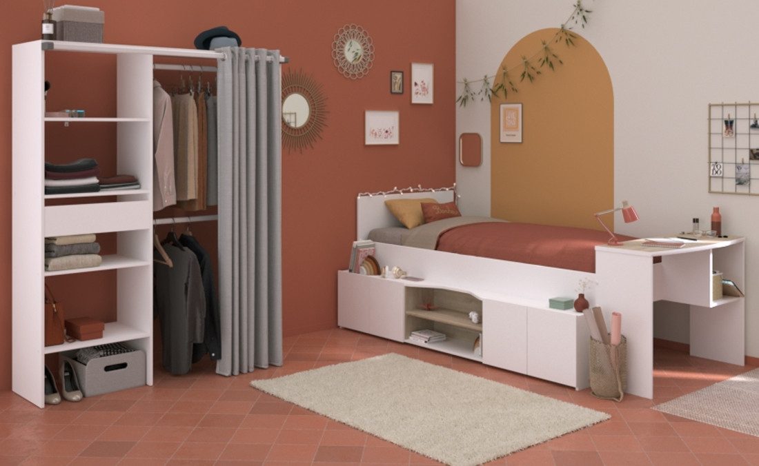 Parisot Jugendzimmer-Set Cleo, (Komplett-Set, 2-tlg., mit Stauraumbett und Kleiderschrank), inklusive Schreibtisch