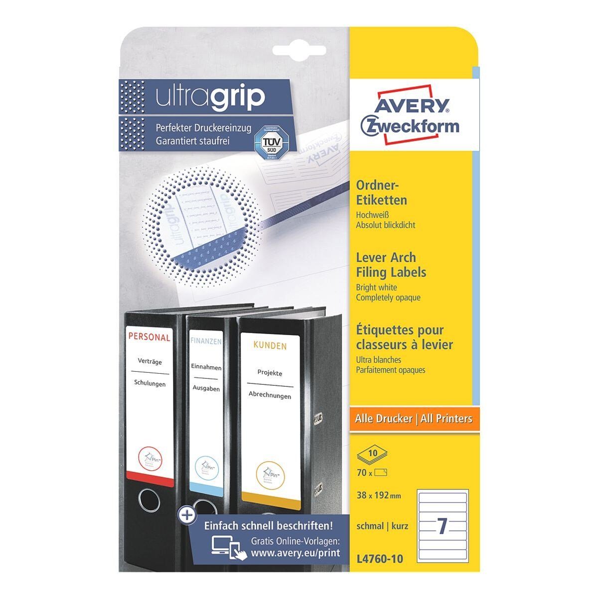 Avery Zweckform Etiketten L4760-10, für Ordner, kurz/schmal (38x192 mm), selbstklebend