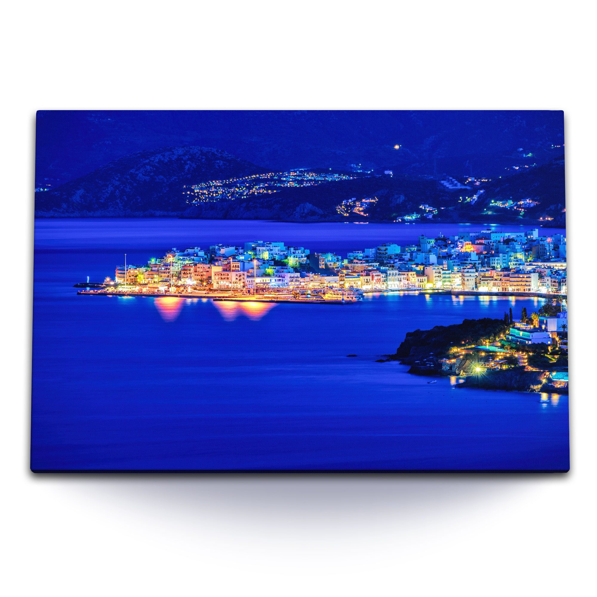 Sinus Art Leinwandbild 120x80cm Wandbild auf Leinwand Griechenland Kreta Küste bei Nacht Stad, (1 St)