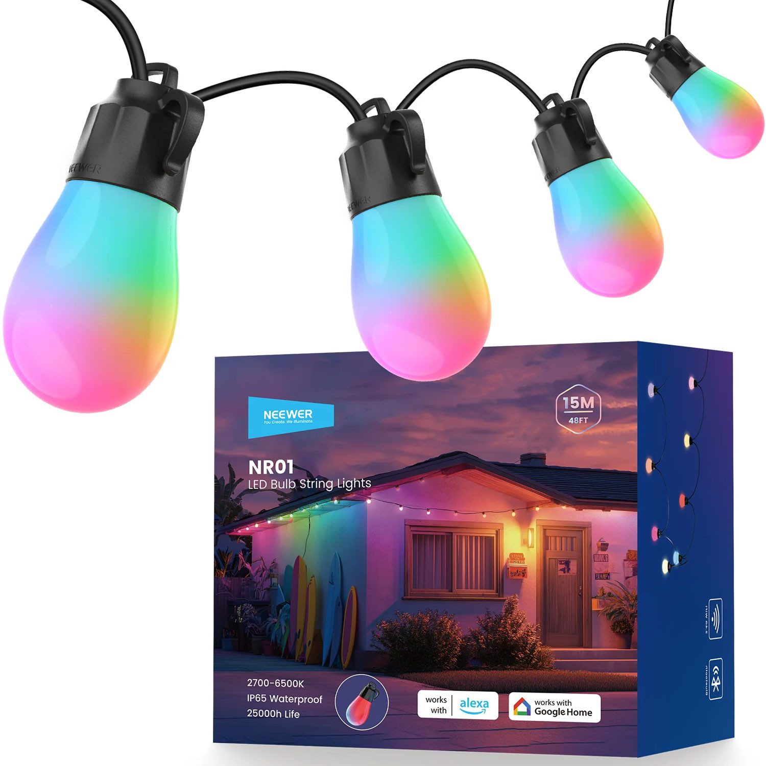 Neewer Lichterkette Neewer LED-Lichterkette NR01-15 mit App-Steuerung 15m, Smarte RGB LED-Lichterkette mit 15 Metern Länge