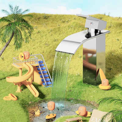 EMKE Waschtischarmatur Waschtischarmatur Wasserfall Badarmatur aus Edelstahl Einhebelmischer für Waschbecken mit Auslauf Höhe 117 mm