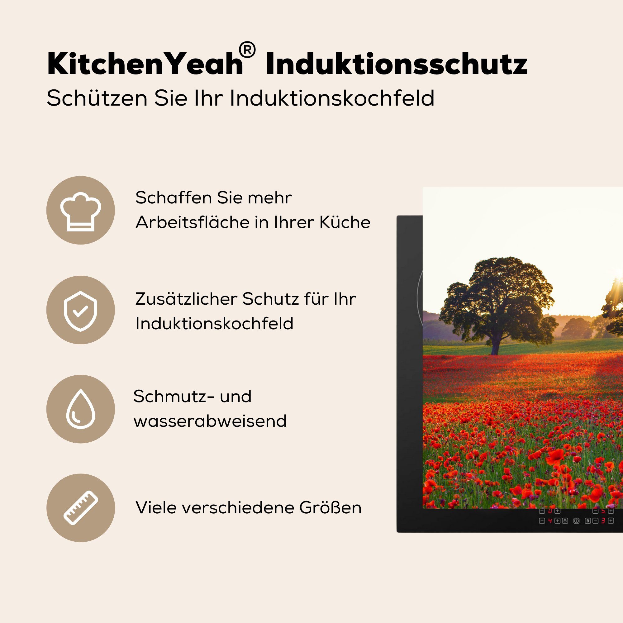Sonne, Blumenfeld küche 78x78 - (1 für Arbeitsplatte Ceranfeldabdeckung, tlg), Herdblende-/Abdeckplatte Vinyl, cm, MuchoWow - Mohnblumen