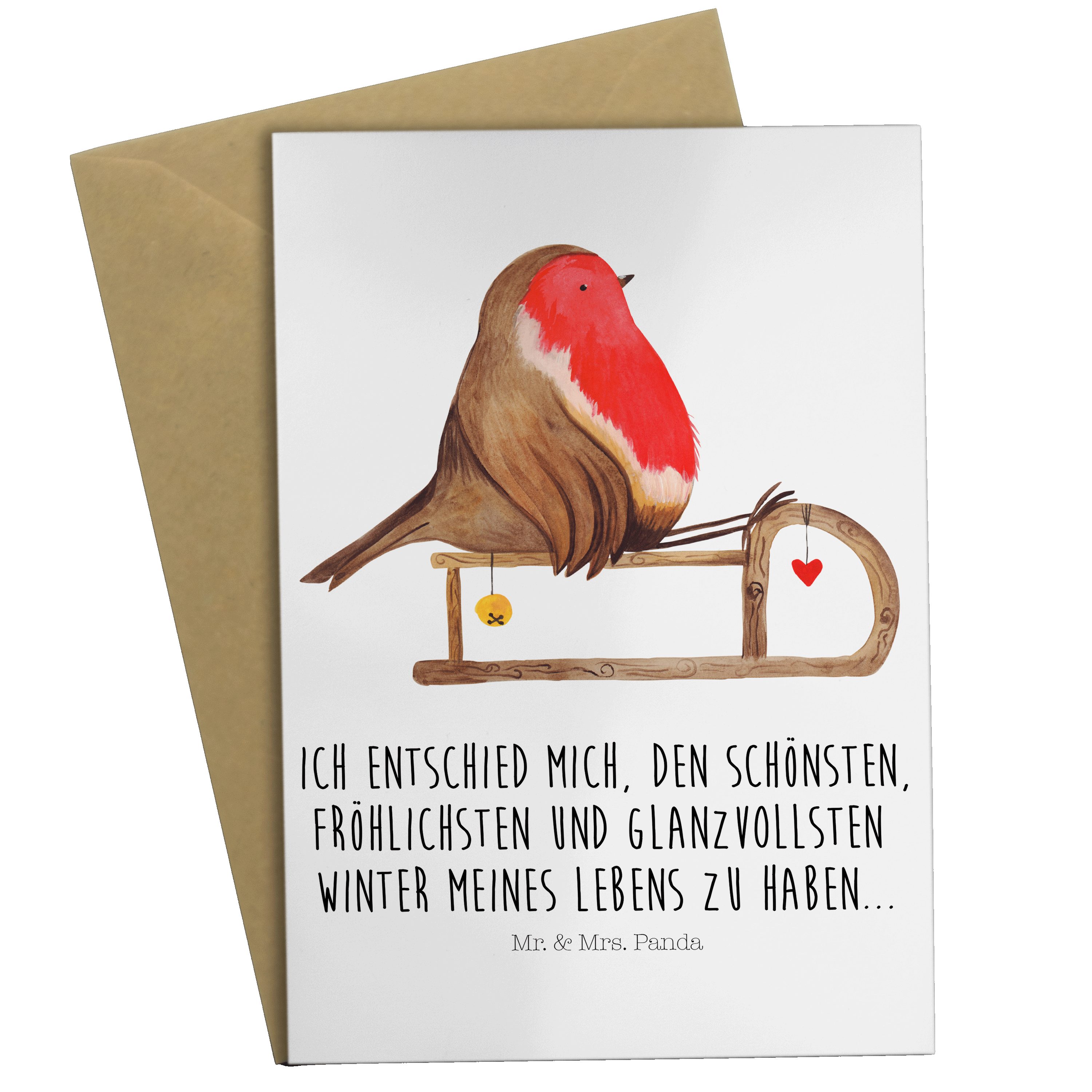 Mr. & Mrs. Panda Grußkarte Rotkehlchen Schlitten - Weiß - Geschenk, Nikolaus, Einladungskarte