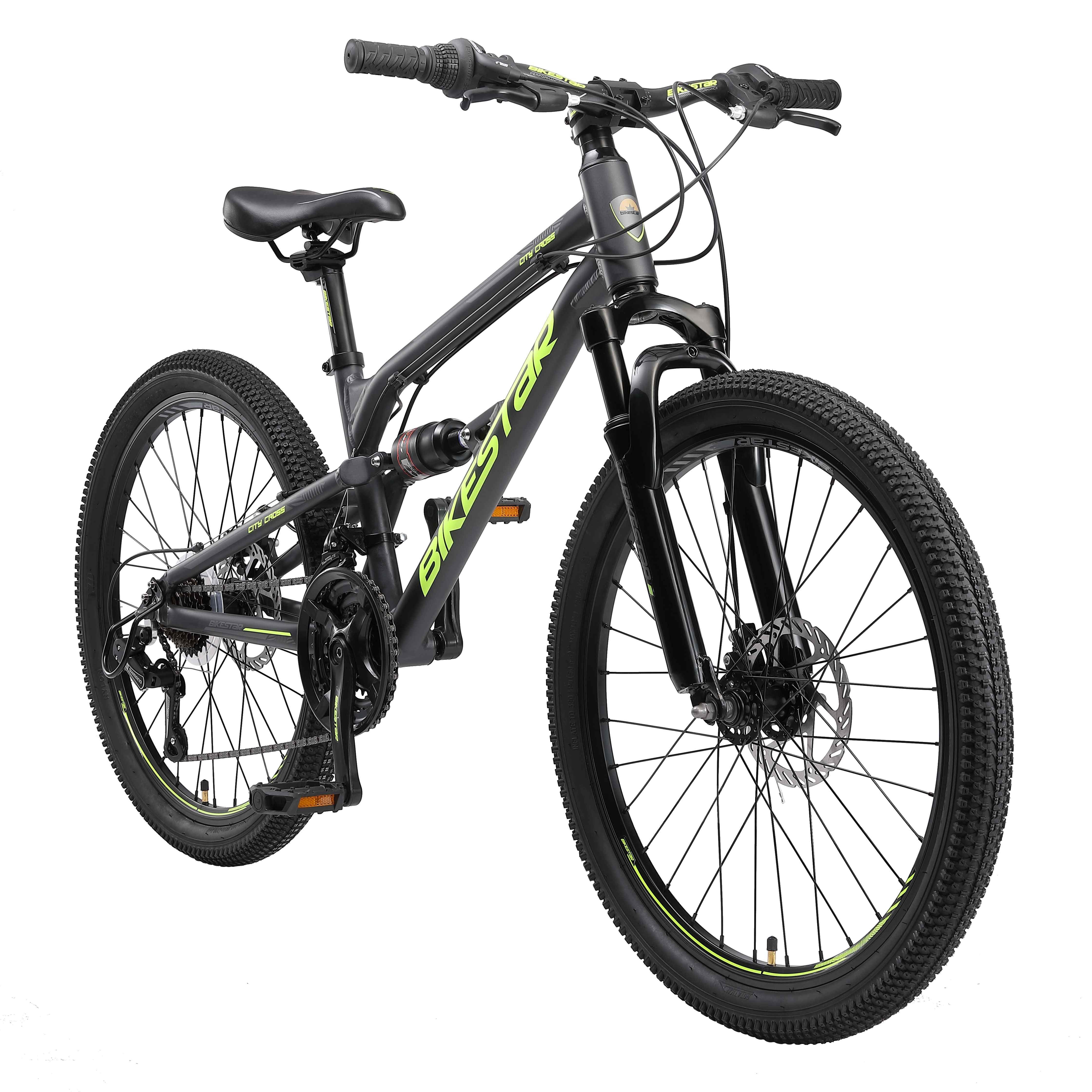 Bikestar Mountainbike 24 Zoll Aluminium Kinderfahrrad, 8 - 13 Jahre, Mädchen, Jungen, 21 Gang Shimano Tourney RD-TY300 Schaltwerk, Kettenschaltung, Scheibenbremsen, Rahmen 33 cm, Vollgefedert