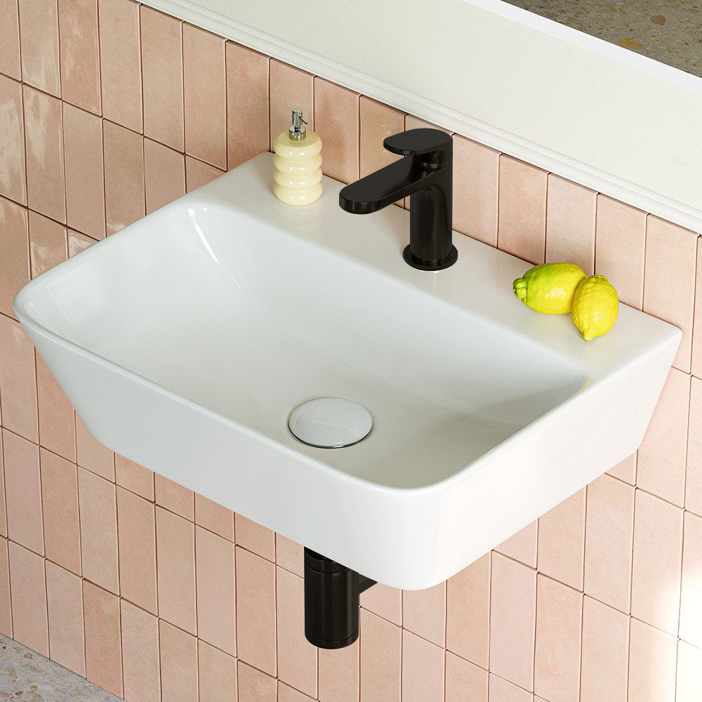 HOROW Waschbecken Kleine Handwaschbecken, Hängewaschbecken Aufsatzwaschbecken Gäste WC (mit Hahnloch und Überlauf - Weiß, 31T x 41B x 12H cm)