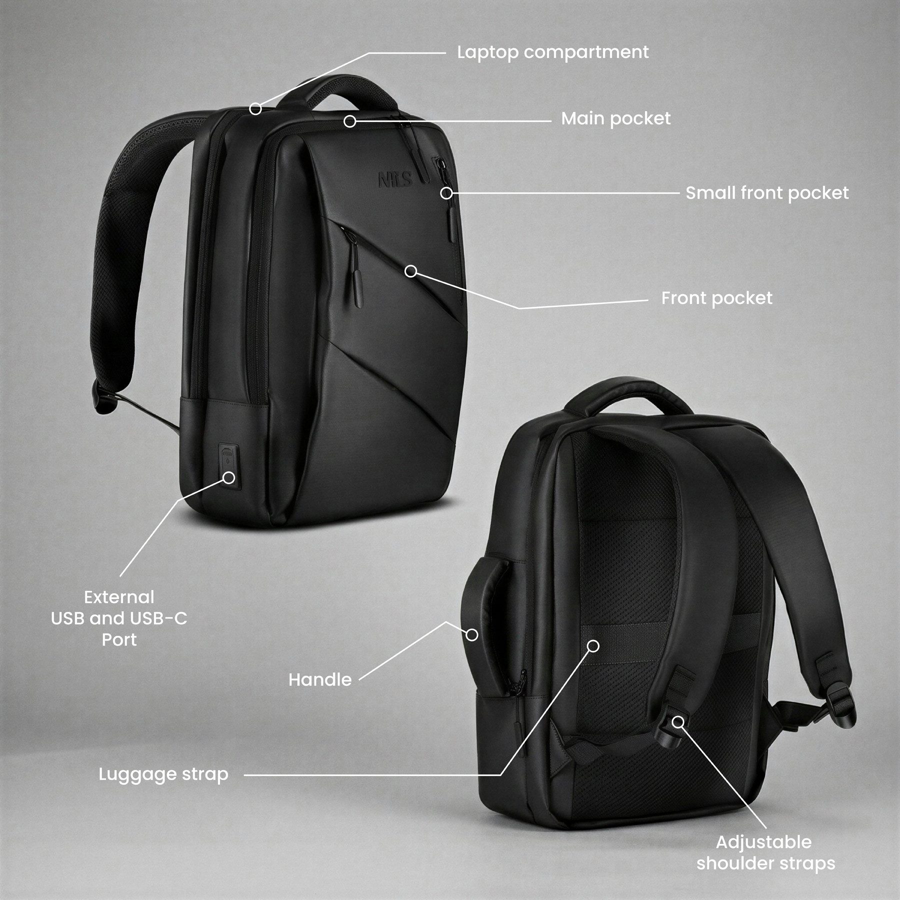 NILS CAMP Rucksack Laptoprucksack Businessrucksack Notebookrucksack (Spar-Set, 1-tlg., 42 x 30 x 15 cm leicht), USB- & USB-C-Anschluss, Laptopfach, Kofferbefestigung