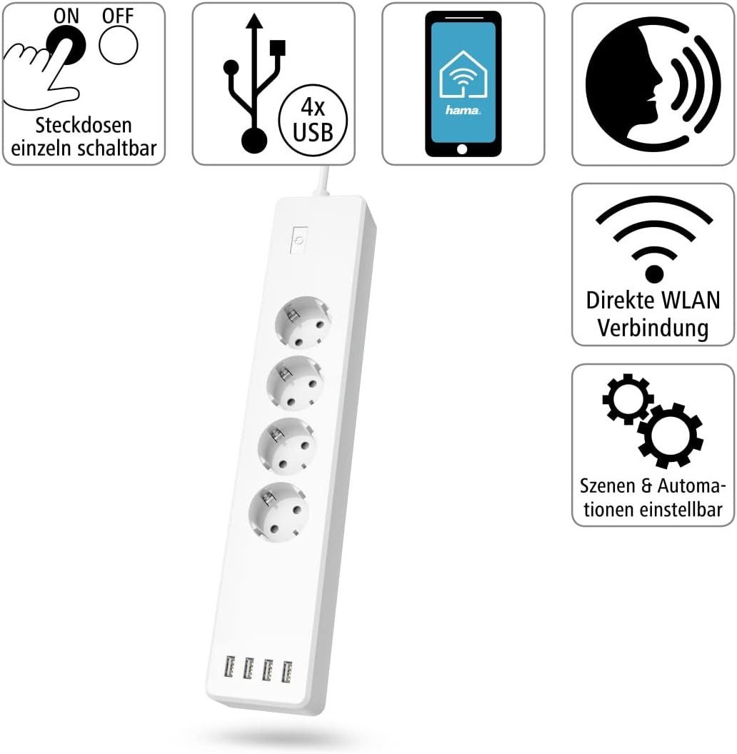 Hama Hama WLAN Steckdosenleiste 4-fach 4x USB-A App einzeln schaltbar 2300W Smarte Vierfach-Steckdosenleiste, Alexa Google Assistant Siri Shortcuts Überlastschutz