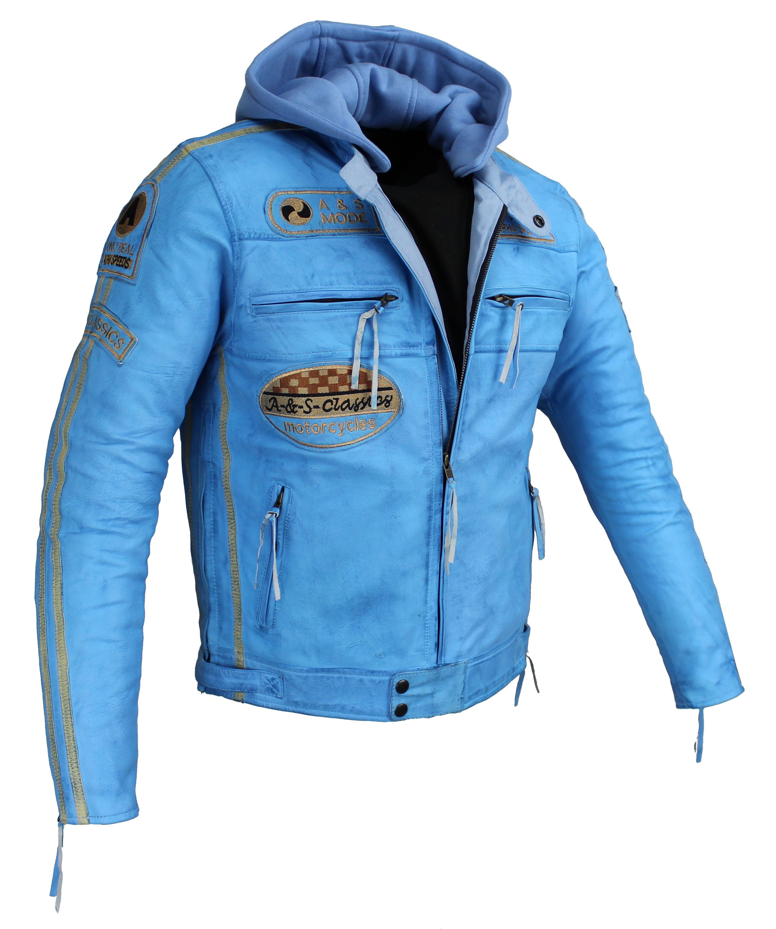 Alpha Speeds Motorradjacke Herren Leder Jacke Biker Freizeit Highway Jacke Blau (Trennbare Innenjacke + Kapuze) aus weichem Lammleder, mit herausnehmbare Protektoren