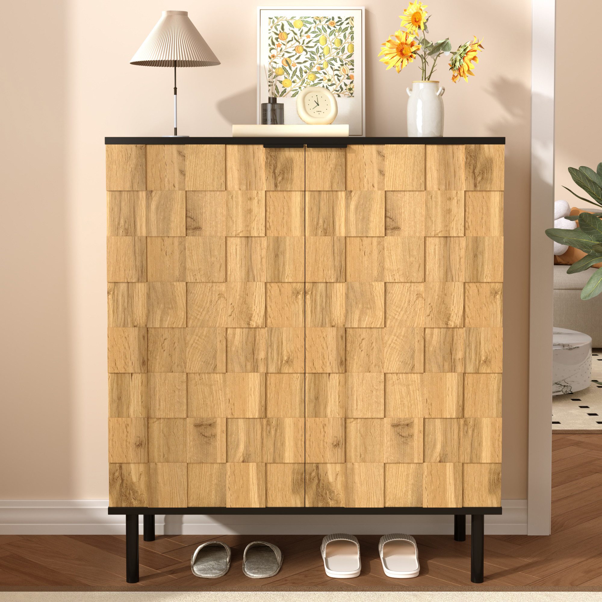 MODFU Schuhschrank 80x91,5x35 cm Mosaik-Schuhschrank 2-türig, Holzoptik, Metallfüße (Packung, 1-St., Höhenverstellbare Fächer, Spanplatte) Aufbewahrungsschrank für Flur & Eingangsbereich