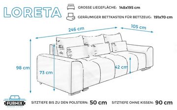Furnix Schlafsofa LORETA 3-Sitzer Sofa mit Schlaffunktion und Bettkasten Couch 12 Farben, hochwertig, bequem & funktional