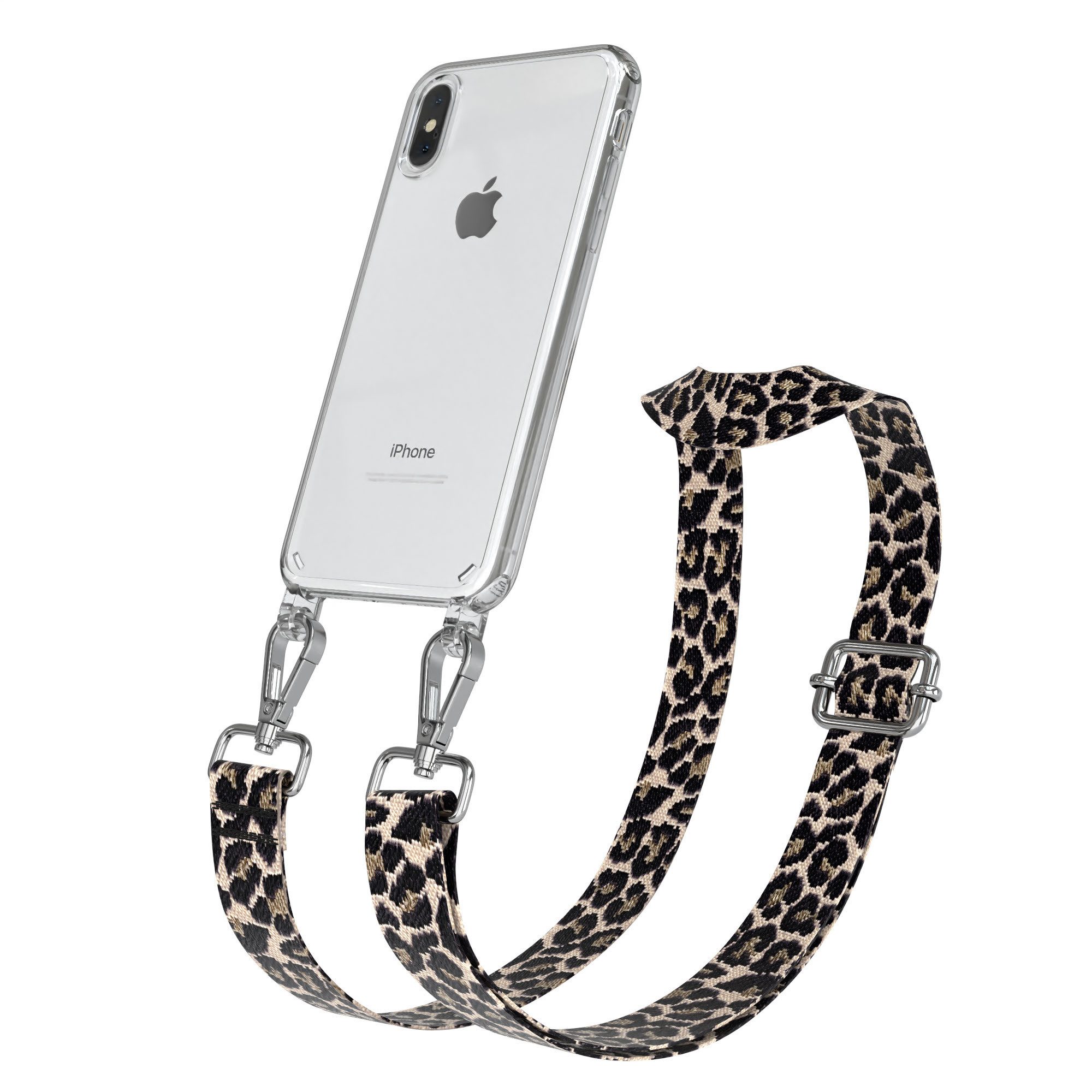 EAZY CASE Handykette Boho Umhängeband für Apple iPhone X / iPhone XS 5,8 Zoll, Kettenhülle abnehmbare Kordel Slim Clear-Cover Leo-Style Schwarz Beige