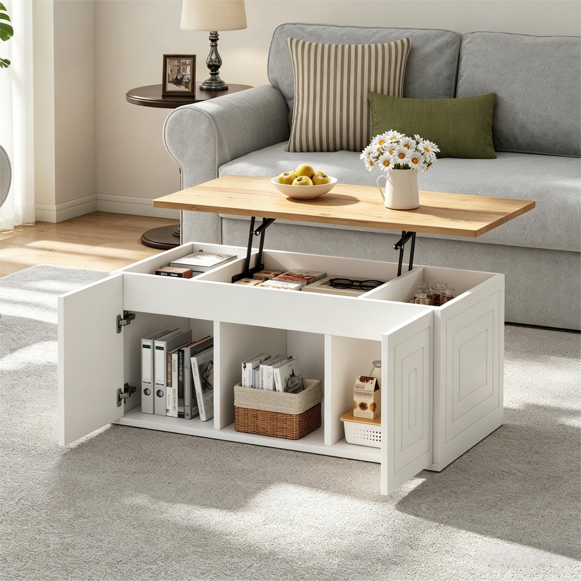 KLAM HOME Couchtisch Multifunktions Tisch Weiß-Natur mit Stauraum und Hubfunktion (Couchtisch 95×46×45cm höhenverstellbar bis 59cm mit Doppeltüren), Kombinierter Sofatisch nutzbar als Beistelltisch & Heimarbeitsplatz