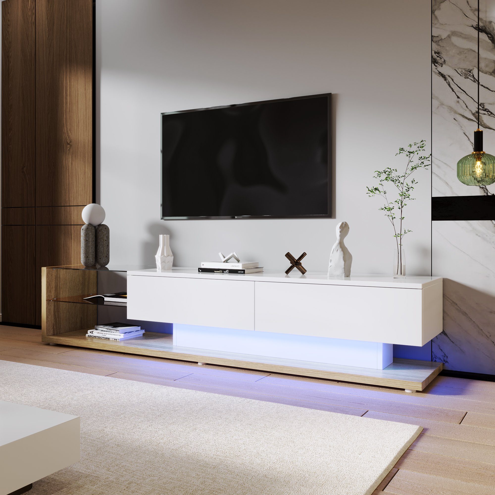 WISHDOR Lowboard TV- Schrank, Glastrennwände Bruan+Weiß variable und LED-Beleuchtung