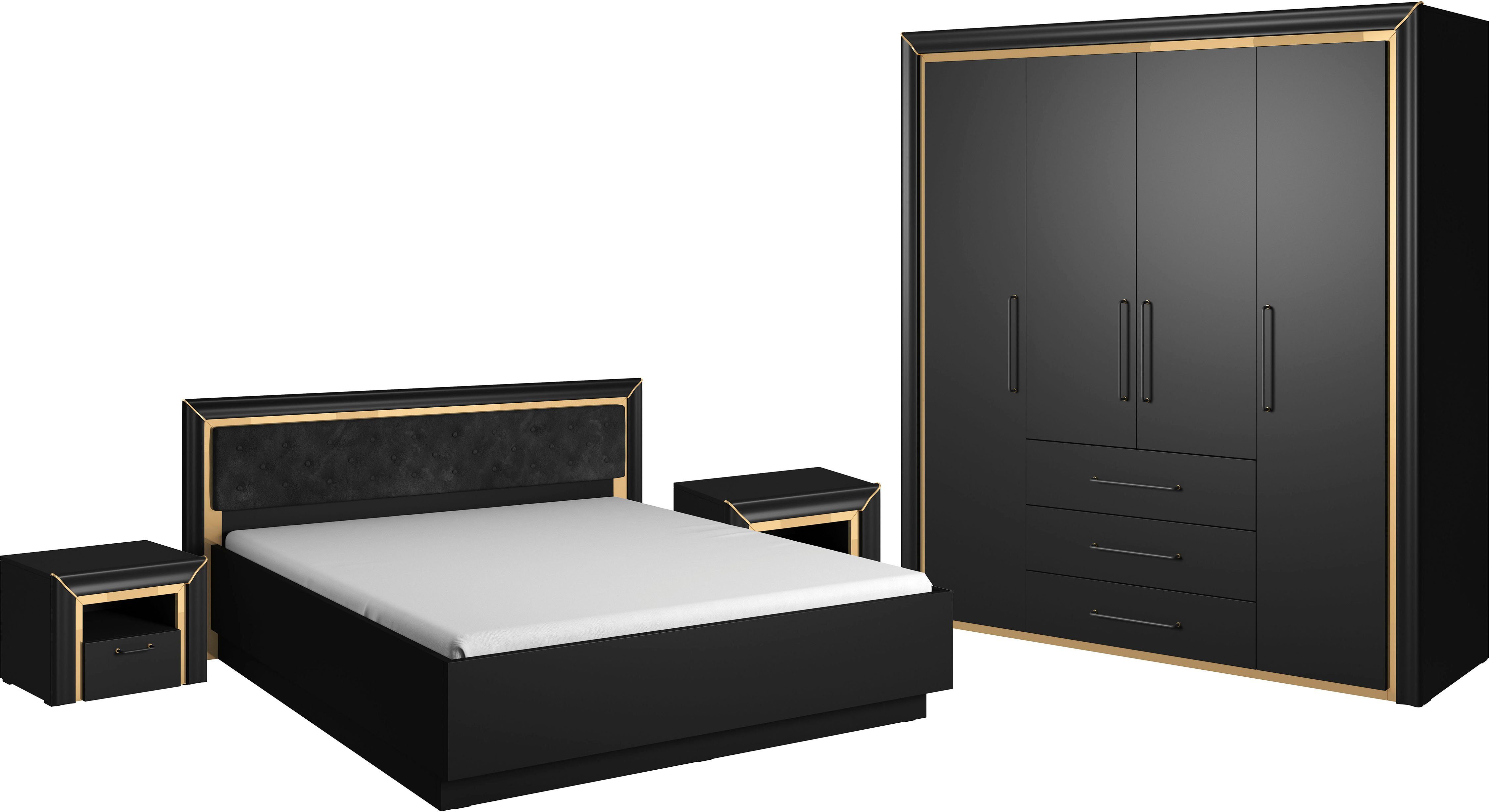 Arno, matt mit Spiegelfolie (4-St), Schlafzimmer-Set schwarz Leonique goldfarbener silber-oder