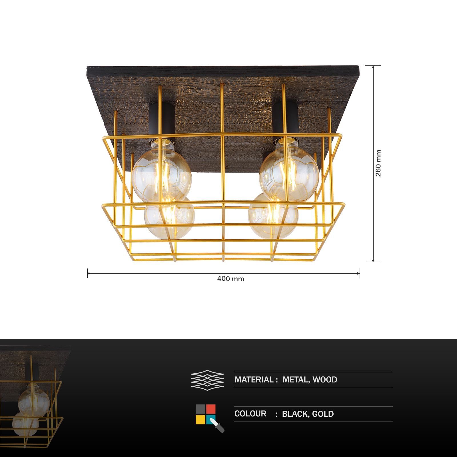 Deckenleuchte Industrie Globo Deckenlampe Wohnzimmer Deckenleuchte GLOBO Gitter Holz