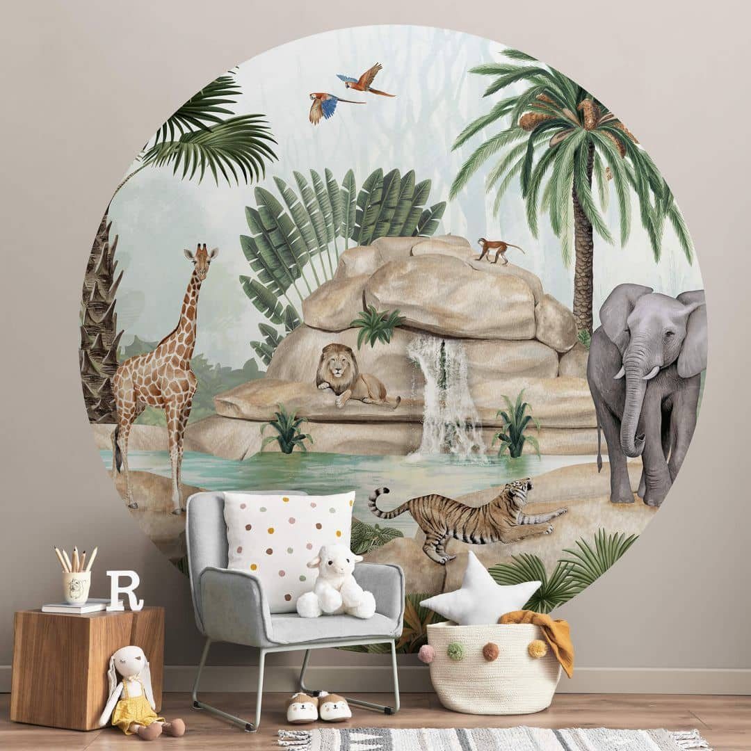 K&L Wall Art Fototapete Kikki Belle - Dschungel Paradies, Vliestapete, rund, Giraffe Löwe, große Kinder Motivtapete