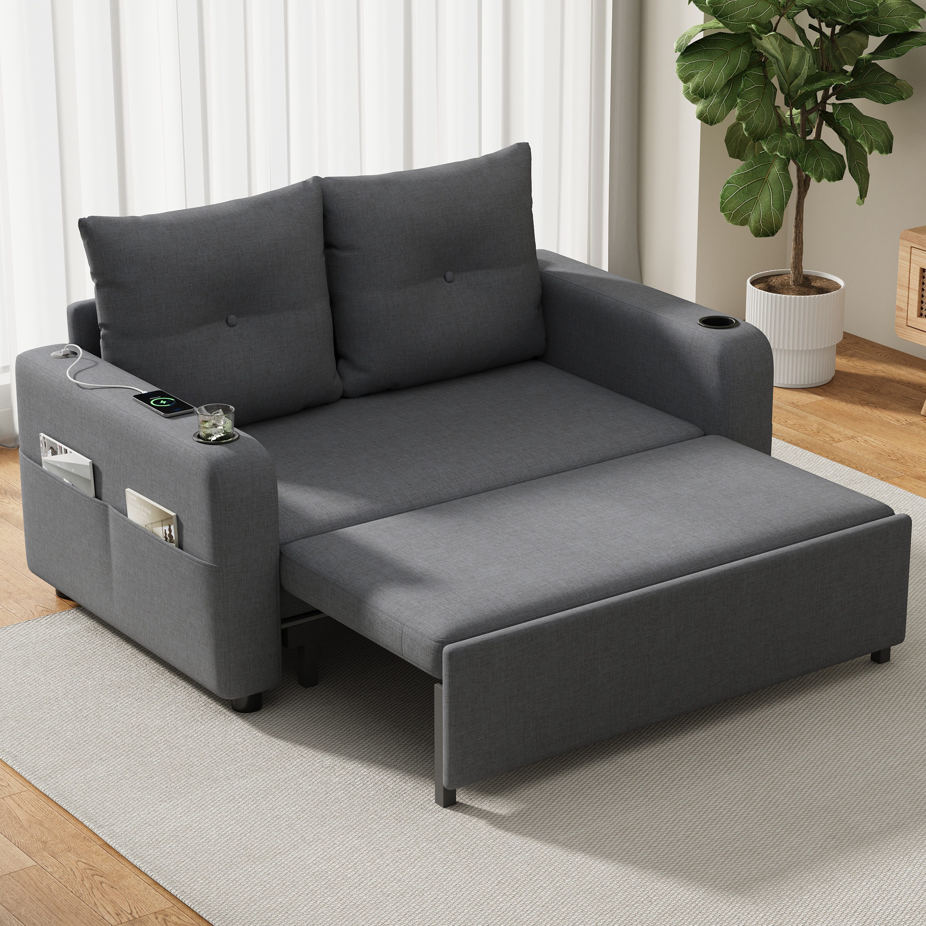 Merax Schlafsofa 3-in-1 Sofa mit ausziehbarem Bett und USB- & Type-C-Anschluss, Modernes Sofa für Wohnzimmer und Schlafzimmer 1 Teile, Doppelsofa Sofabett mit G – Bild 3 von 5