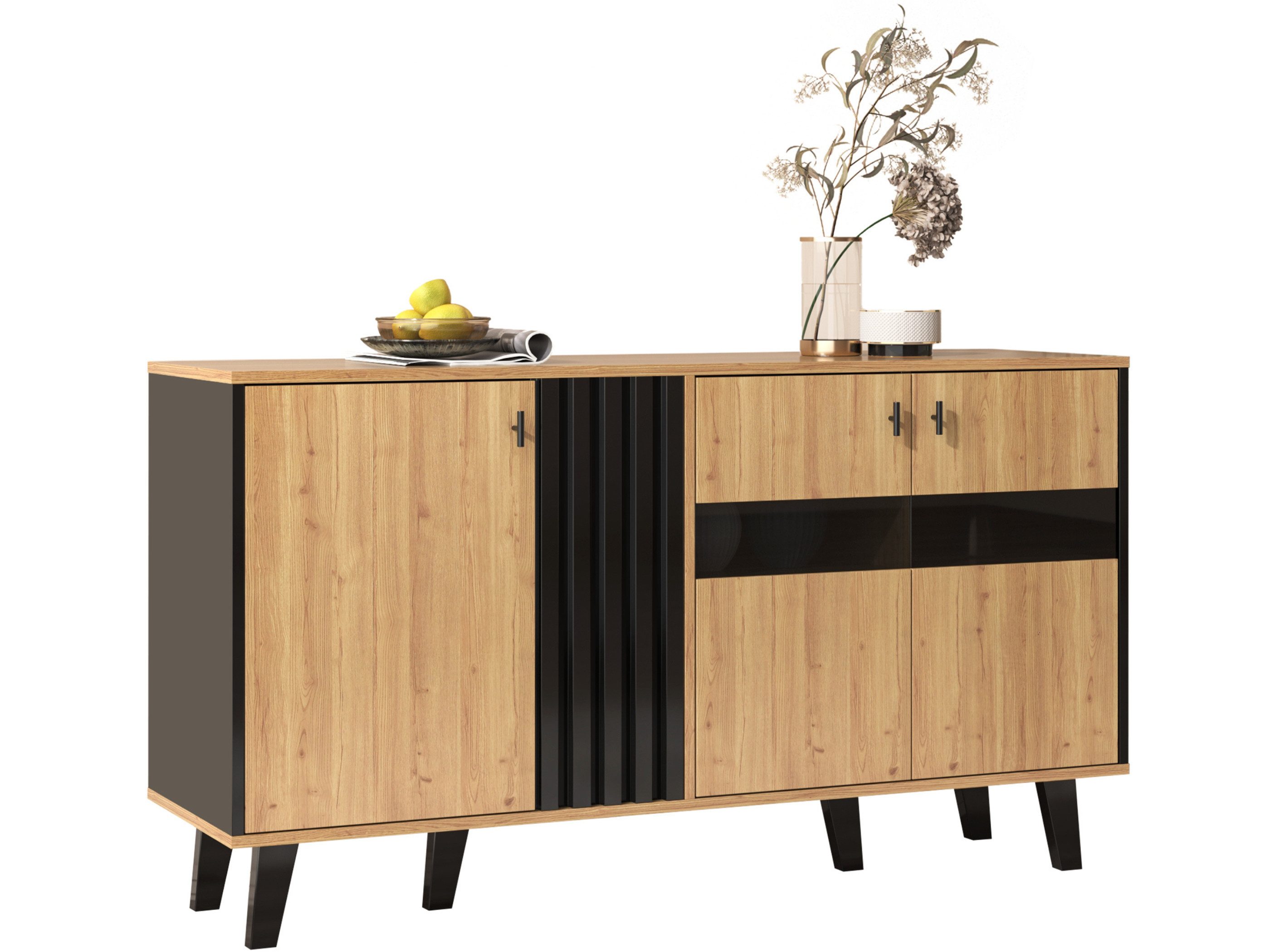 SeedWave Sideboard Modernes Sideboard LED-Beleuchtung Kontrastfarbener Wohnzimmerschrank, Verstellbare Einlegeböden, Türen mit eingelassenen Glassen