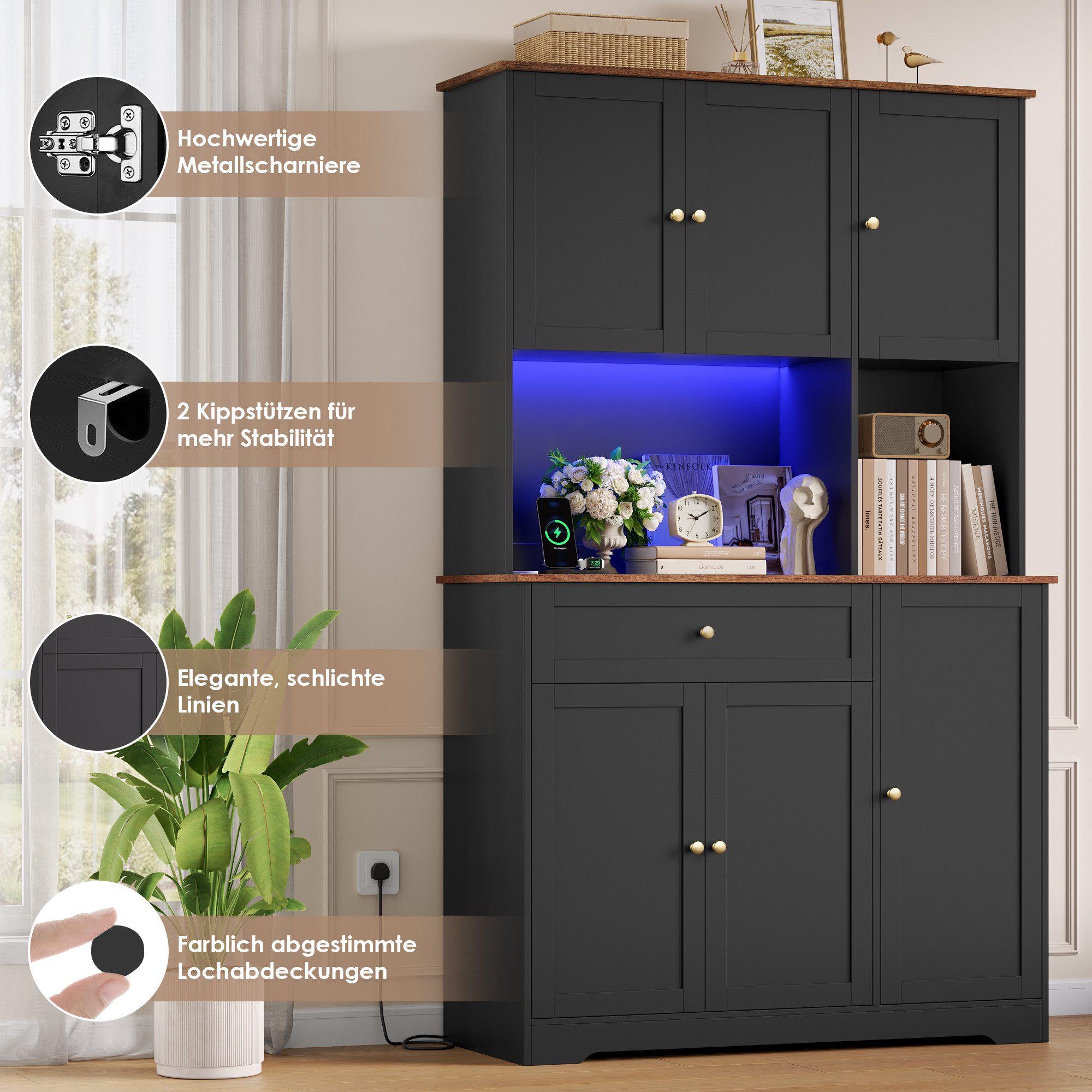 Homfa Küchenbuffet Küchenbuffet mit LED & Weinregal Küchenschrank Buffetschrank Sideboard weiß mit Steckdosenleiste & Arbeitsplatte 180x100x39cm