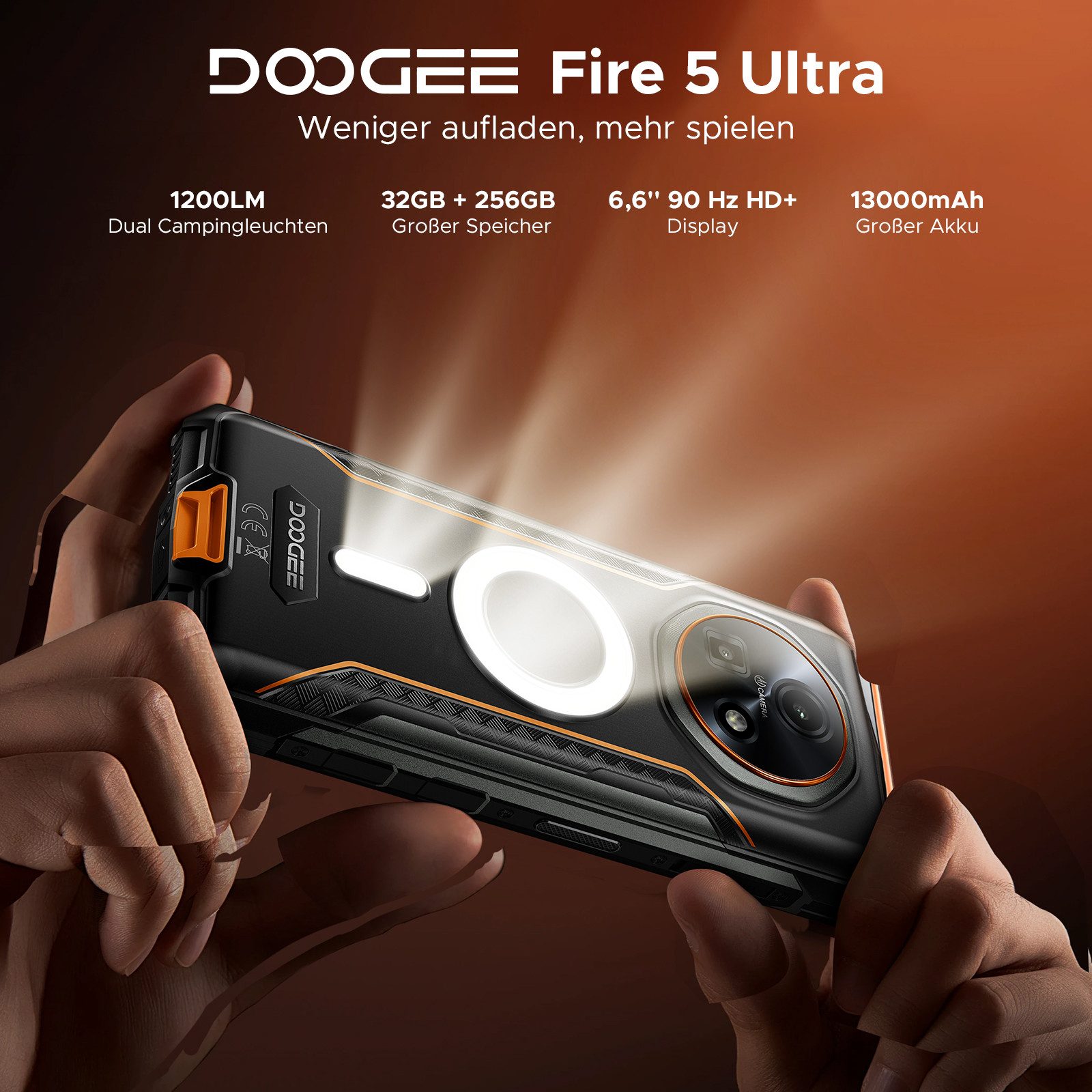 DOOGEE Fire 5 Ultra Outdoor Handy, 256GB ROM, 13000mAh, 1200LM Dual Smartphone (16,7 cm/6.6 Zoll, 256 GB Speicherplatz, 48 MP Kamera, 6.6" HD+90Hz, 48MP Kamera, 8GB RAM, Android 15, AI, NFC, GPS)