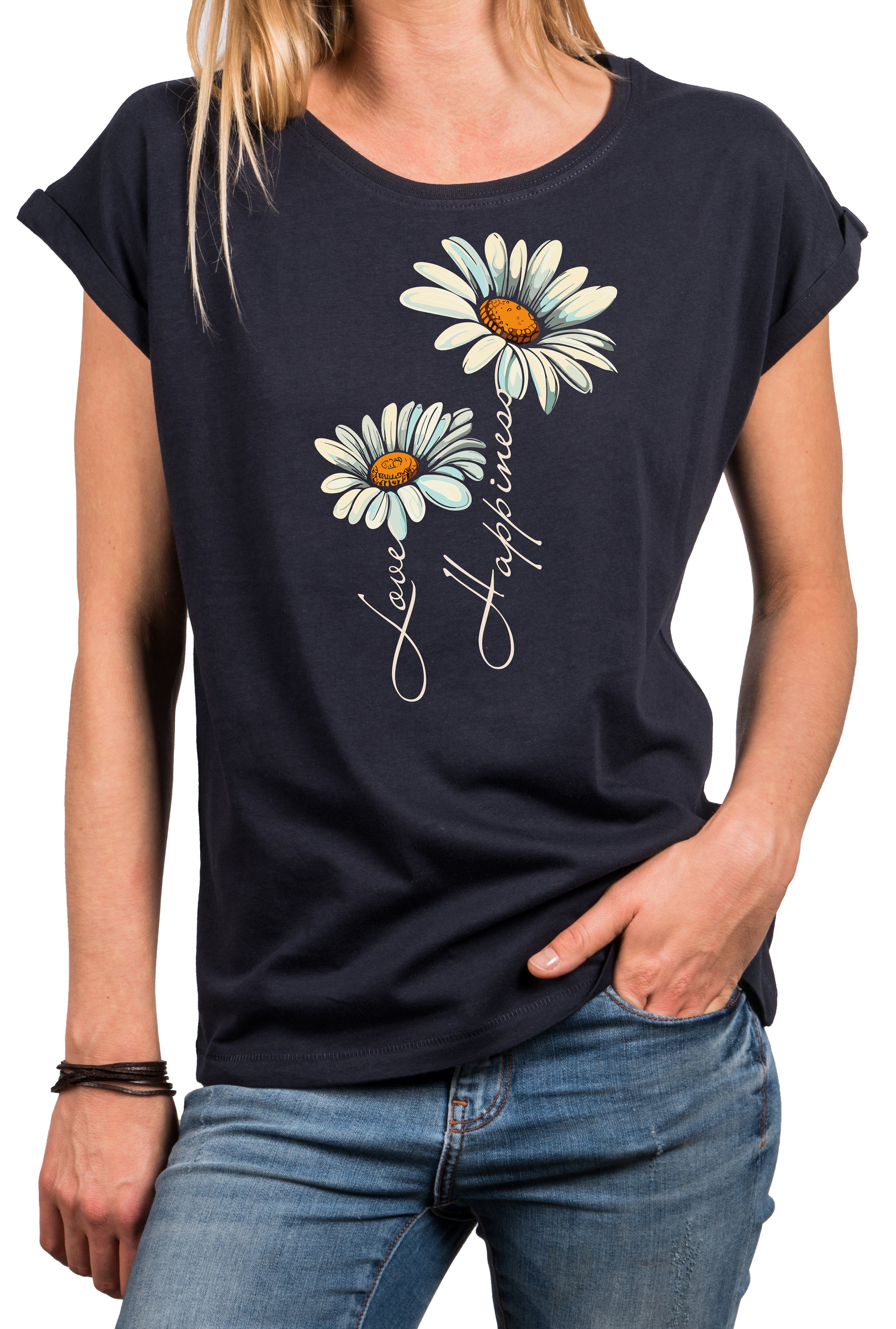 MAKAYA Print-Shirt Damen Kurzarm Top Blumen Gänseblümchen floral Blumenmuster Blümchenprint