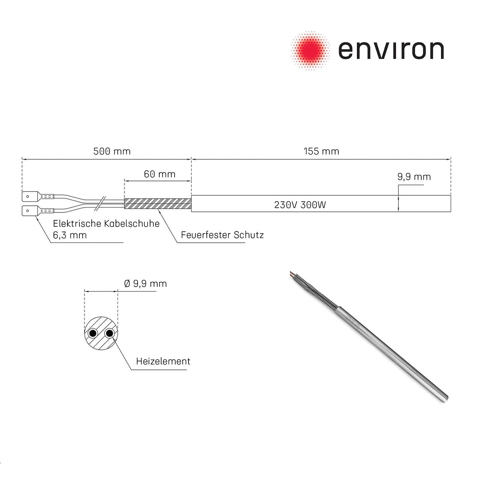 Environ Ersatzbrenner Zündelement Edelstahl Ø9,3mm x 150mm / 300W / 230V Glühzünder