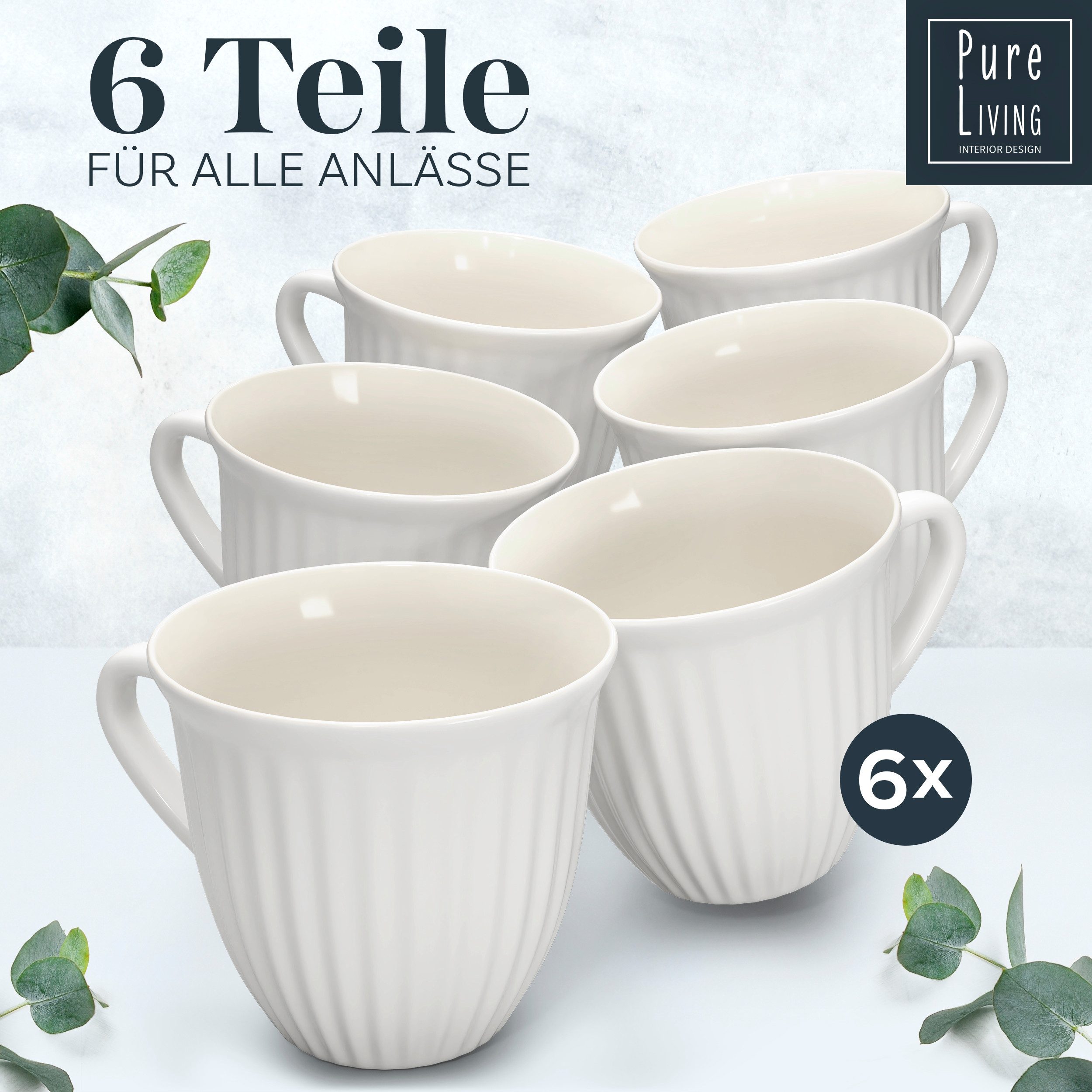 PURE LIVING INTERIOR DESIGN Geschirr-Set Hygge Becher, 6er-Set, 460 ml, Hellgrau Steingut, 6 Personen, Steingut, Skandinavisches Design mit Riffelstruktur, Harmonische Farbgebung, Ma…