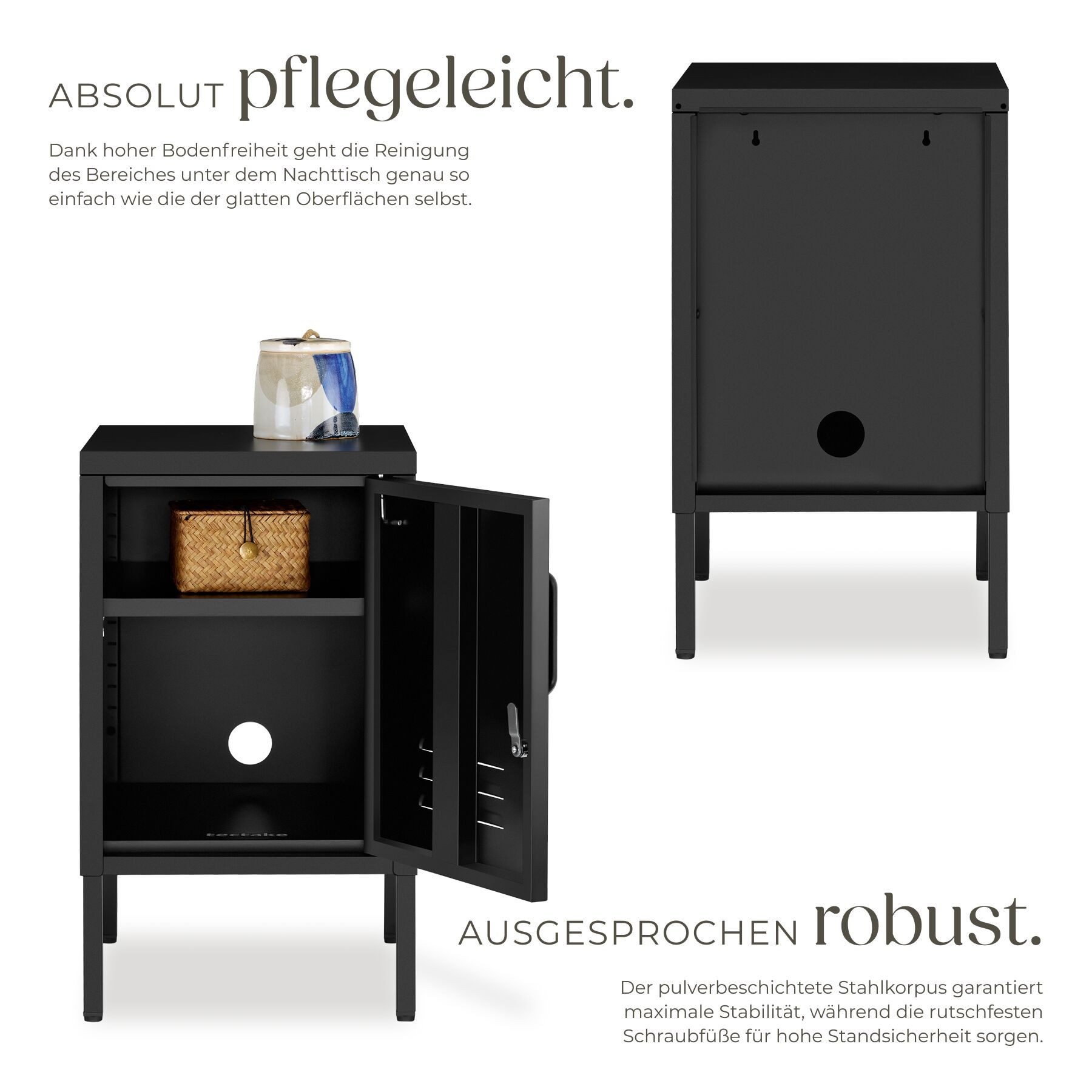 tectake Nachttisch Schmaler Nachtschrank mit Magnetverschluss und verstellbarem Boden (Nachtschrank Baker, 1-St., in Schwarz), Pulverbeschichteter Stahl und Kabelführung für optimale Nutzung