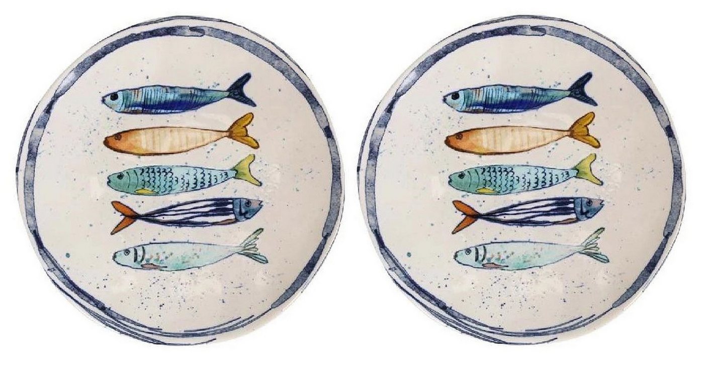 WestCraft Speiseteller Teller, mediterran mit Sardinen-Motiv, Maritime Dessertteller 20 cm, (2 St), 2er Set, hochwertig und robust - langlebig und vielseitig einsetzbar
