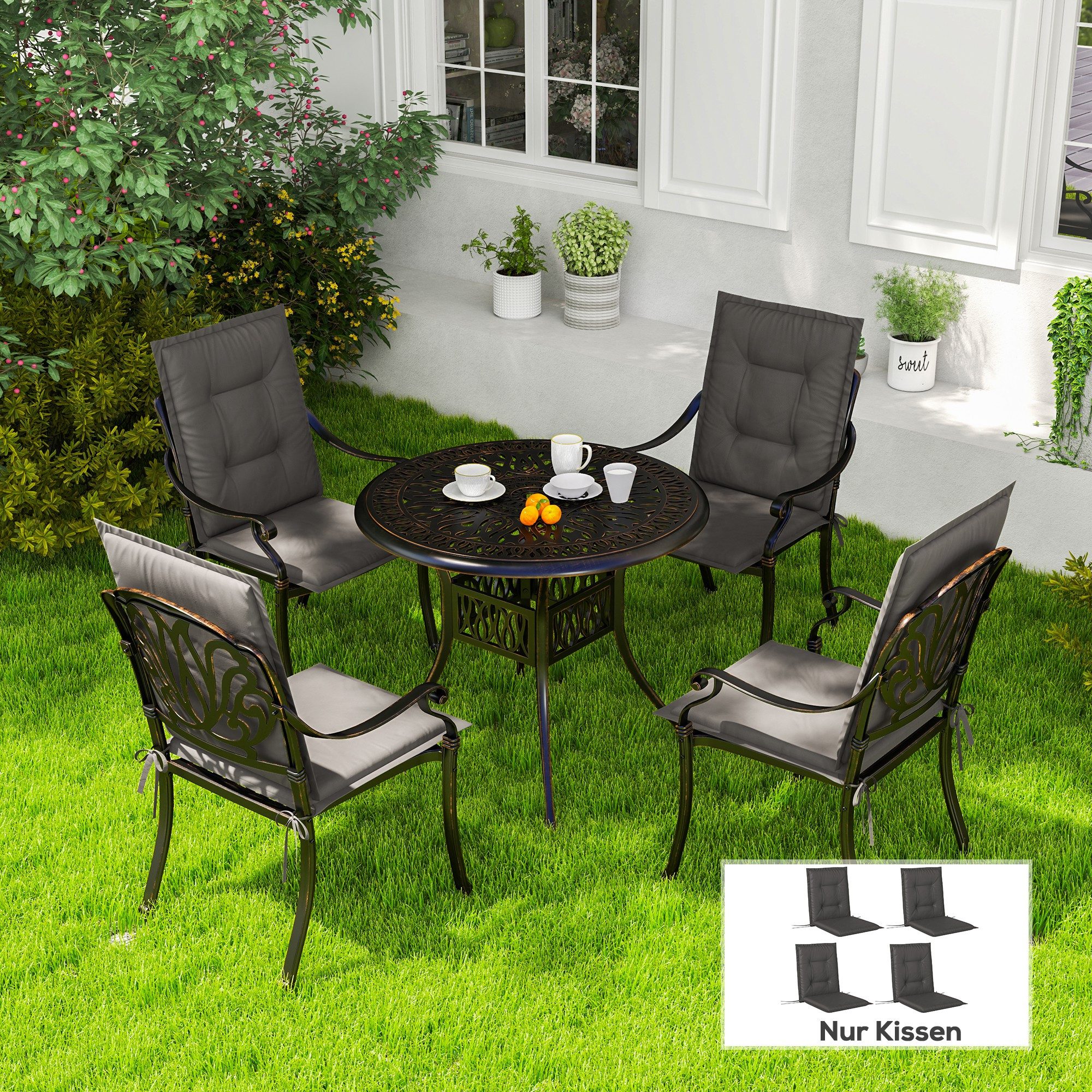 Outsunny Sitzkissen 4er Set, 108 x 50 x 5 cm, mit Bändern, für Gartenmöbel, Sitzsthul, Essstuhl, Dunkelgrau