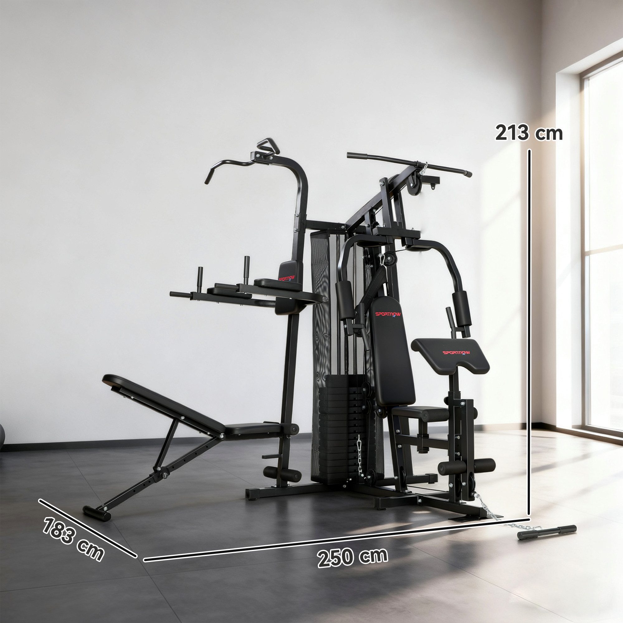 SPORTNOW Kraftstation mit Latzug, Butterflystange, 69kg Gewichten, Seil, verstellbar Bank, 12 Gewichtsblöcke (Fitnessstation, 1-tlg., Multistation), bis zu 120kg belastbar, für Zuhause