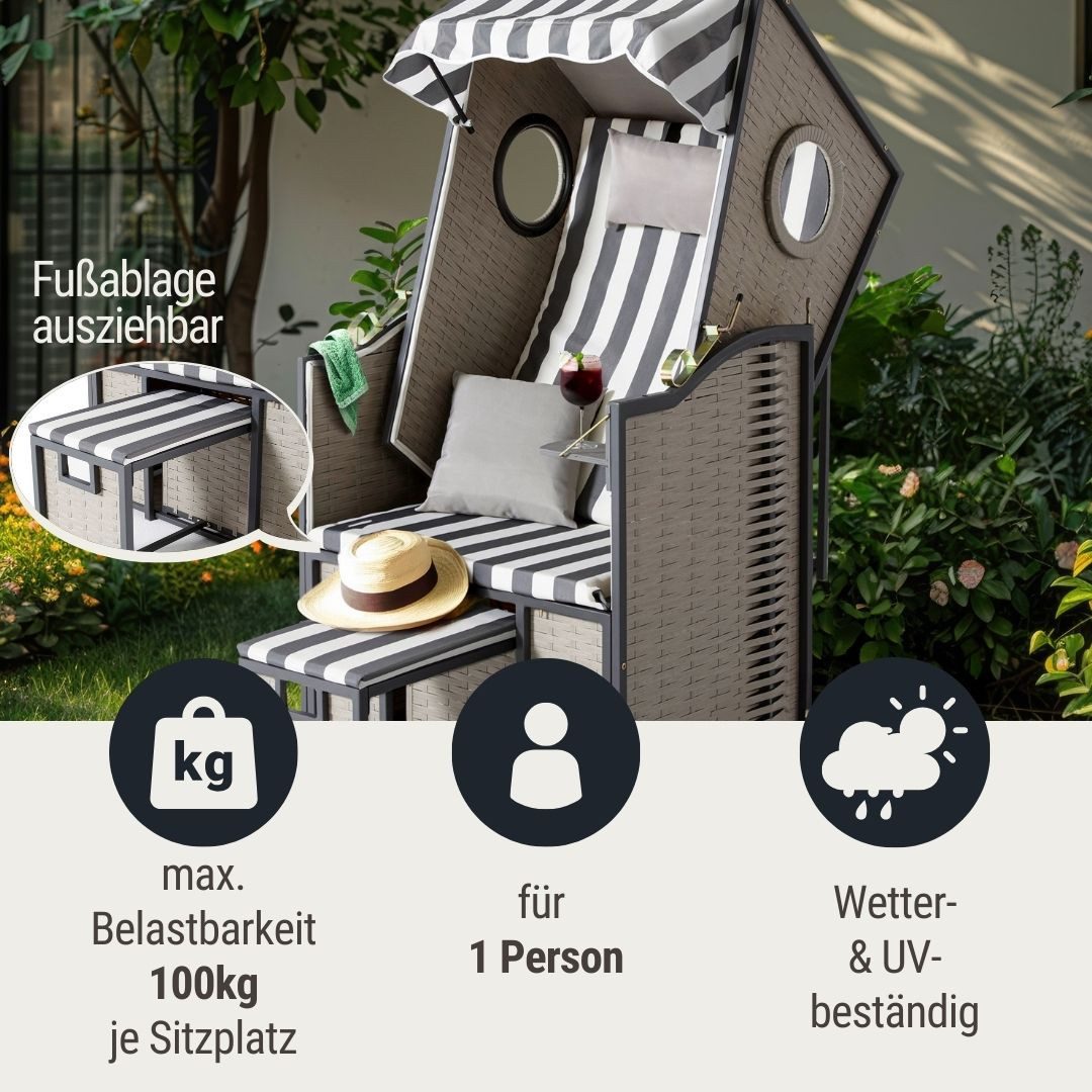 Wohnando Strandkorb Single Strandkorb "Kapitän", 80x73x158cm (BxTxH), (1-tl günstig online kaufen