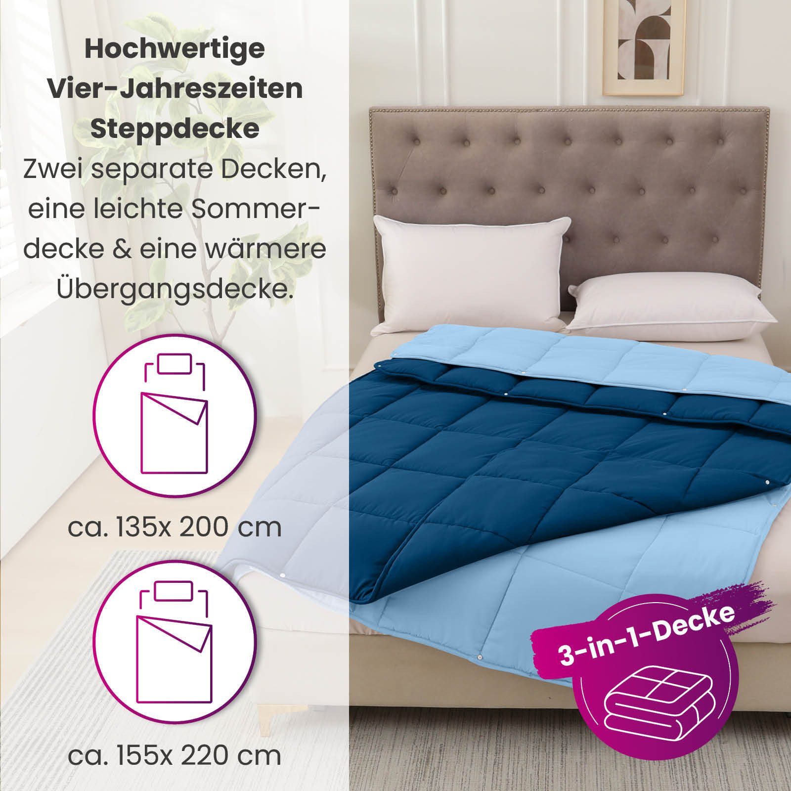 wometo Microfaserbettdecke 4-Jahreszeiten Steppbett Bi-Color, 2 günstig online kaufen
