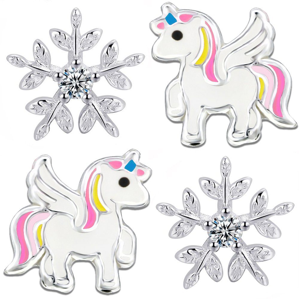 Limana Ohrstecker-Set Kinder Ohrringe 925 Sterling Silber Einhorn Pferde Stern Schneeflocke, Geschenkidee Winter Weihnachten Kinderohrringe