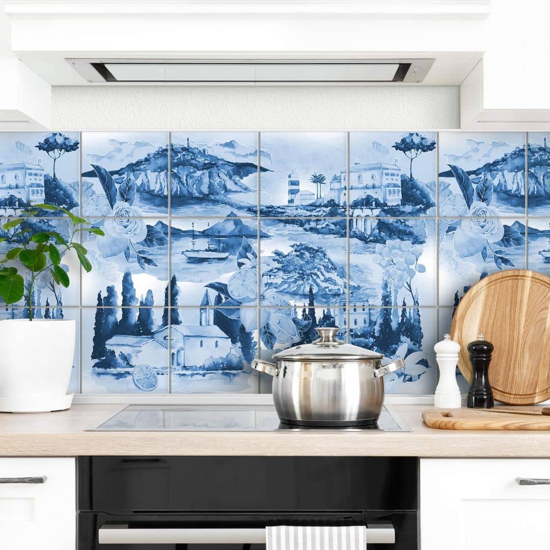 K&L Wall Art Fliesenaufkleber Landschaften, blau, selbstklebend, 12er Set
