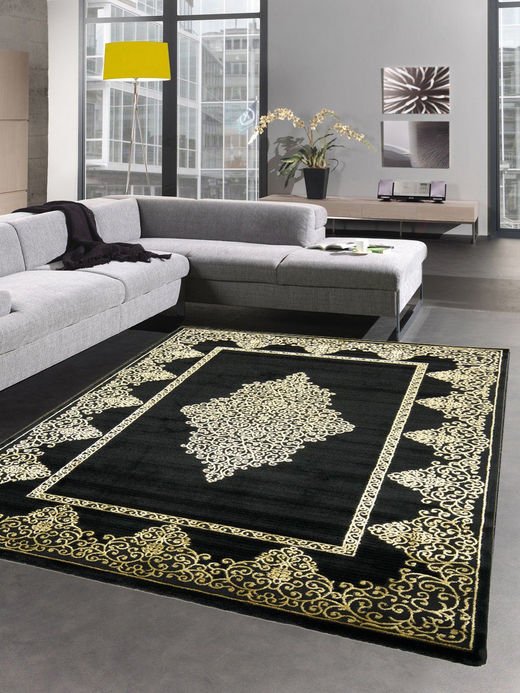 Teppich Teppich Wohnzimmer Kurzflor Teppich Ornamente schwarz gold,  Carpetia, rechteckig, Höhe: 12 mm