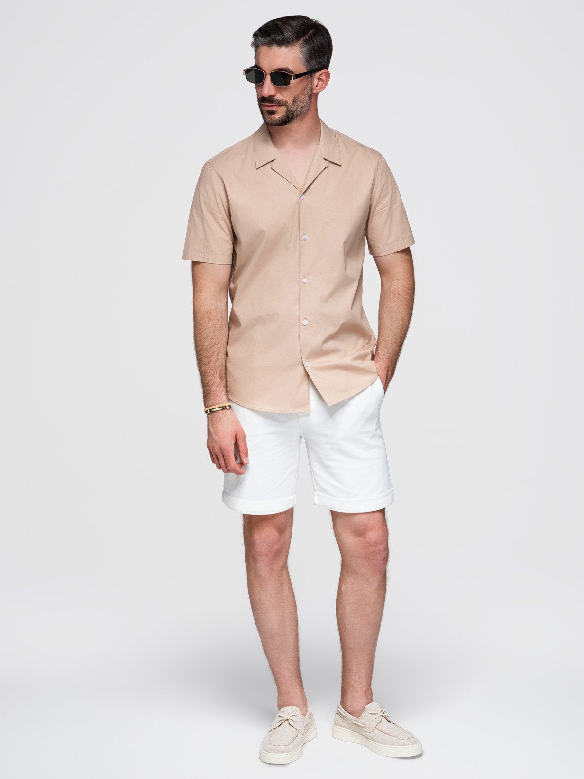 OMBRE Kurzarmhemd Herren Kurzarmhemd mit kubanischem Kragen Beige S (kein Set, 1-tlg)