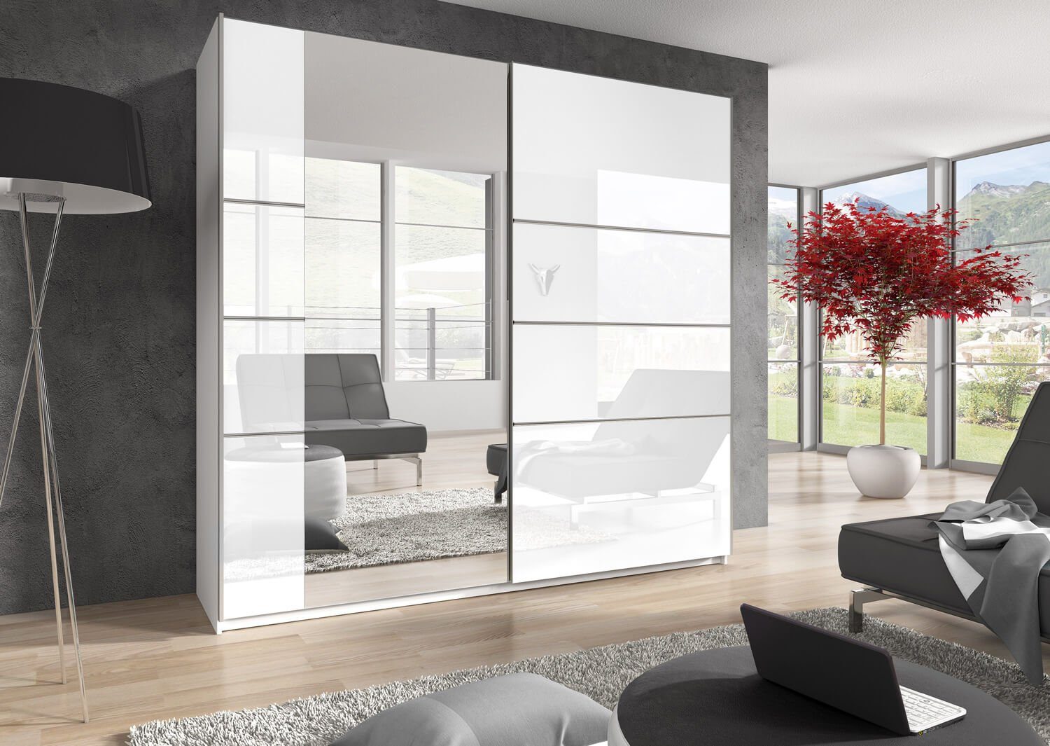 Helvetia Schwebetürenschrank Beta (Beta, 1-St) 200cm weiß Hochglanz Spiegel