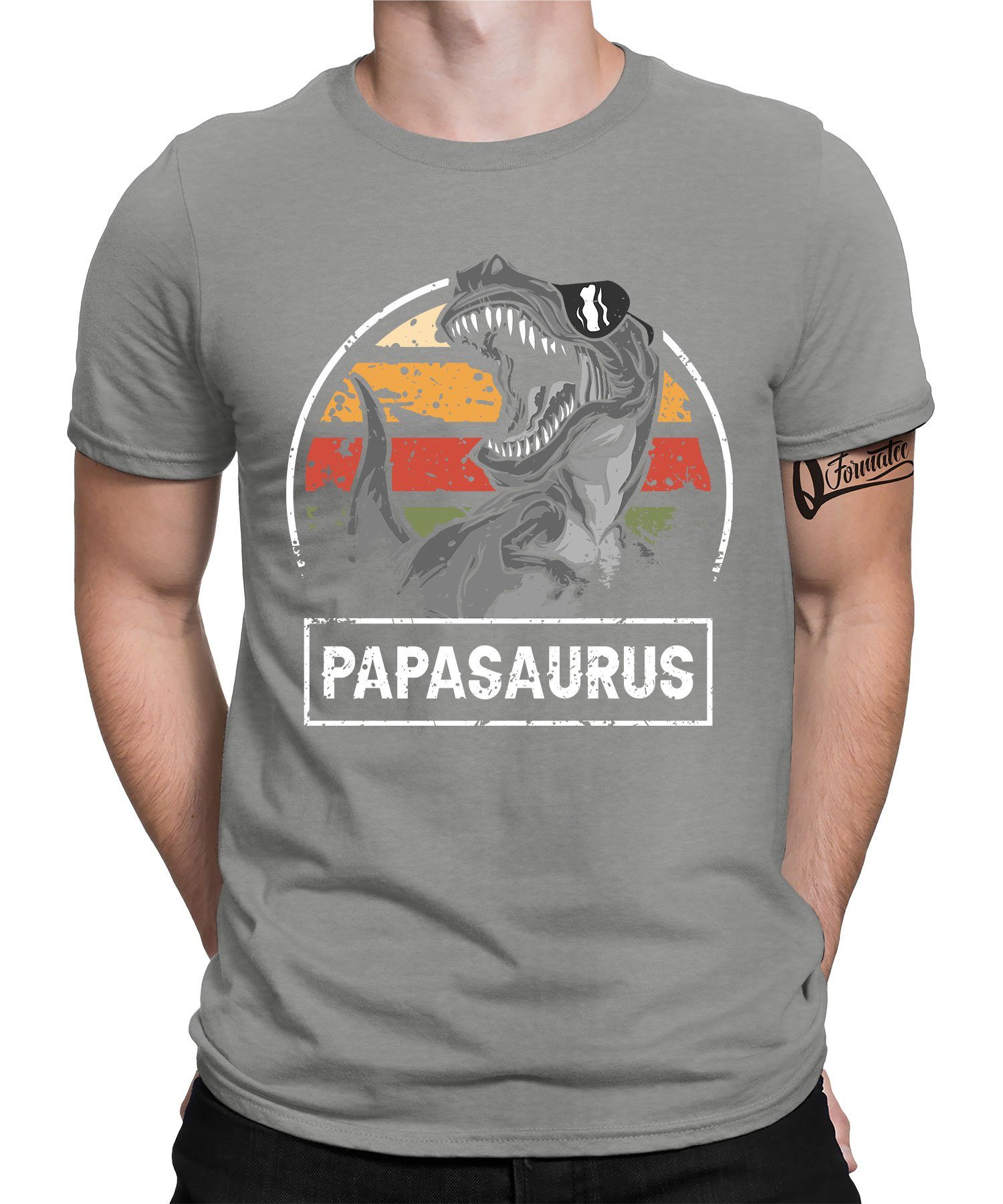 Quattro Formatee Kurzarmshirt Papasaurus - Papa Vatertag Vater Herren T-Shirt (1-tlg) Heather Grau