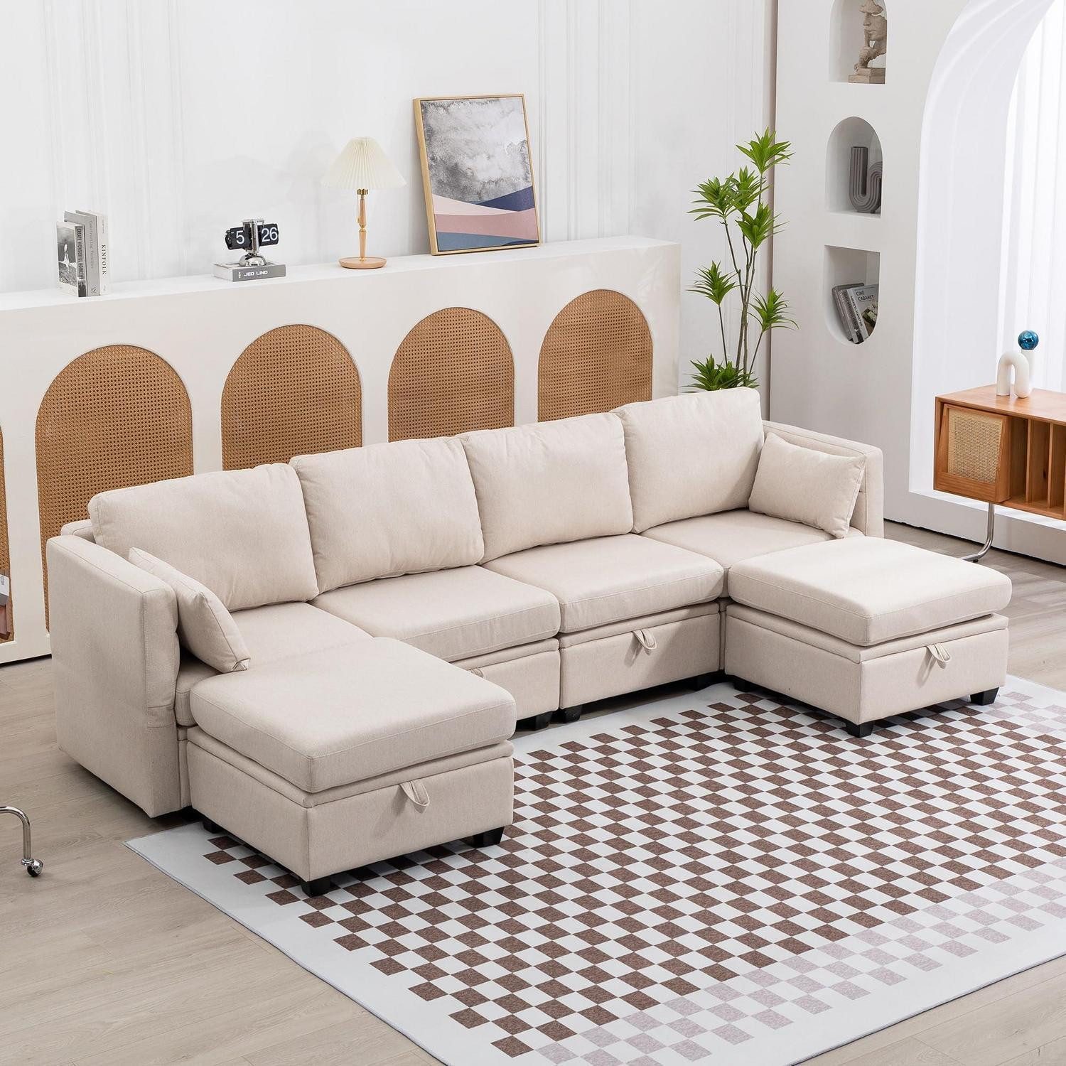 LuxusKollektion Wohnlandschaft Sofa modulares U Stauraum Doppelbett verstellbar 6Sitzer Beige