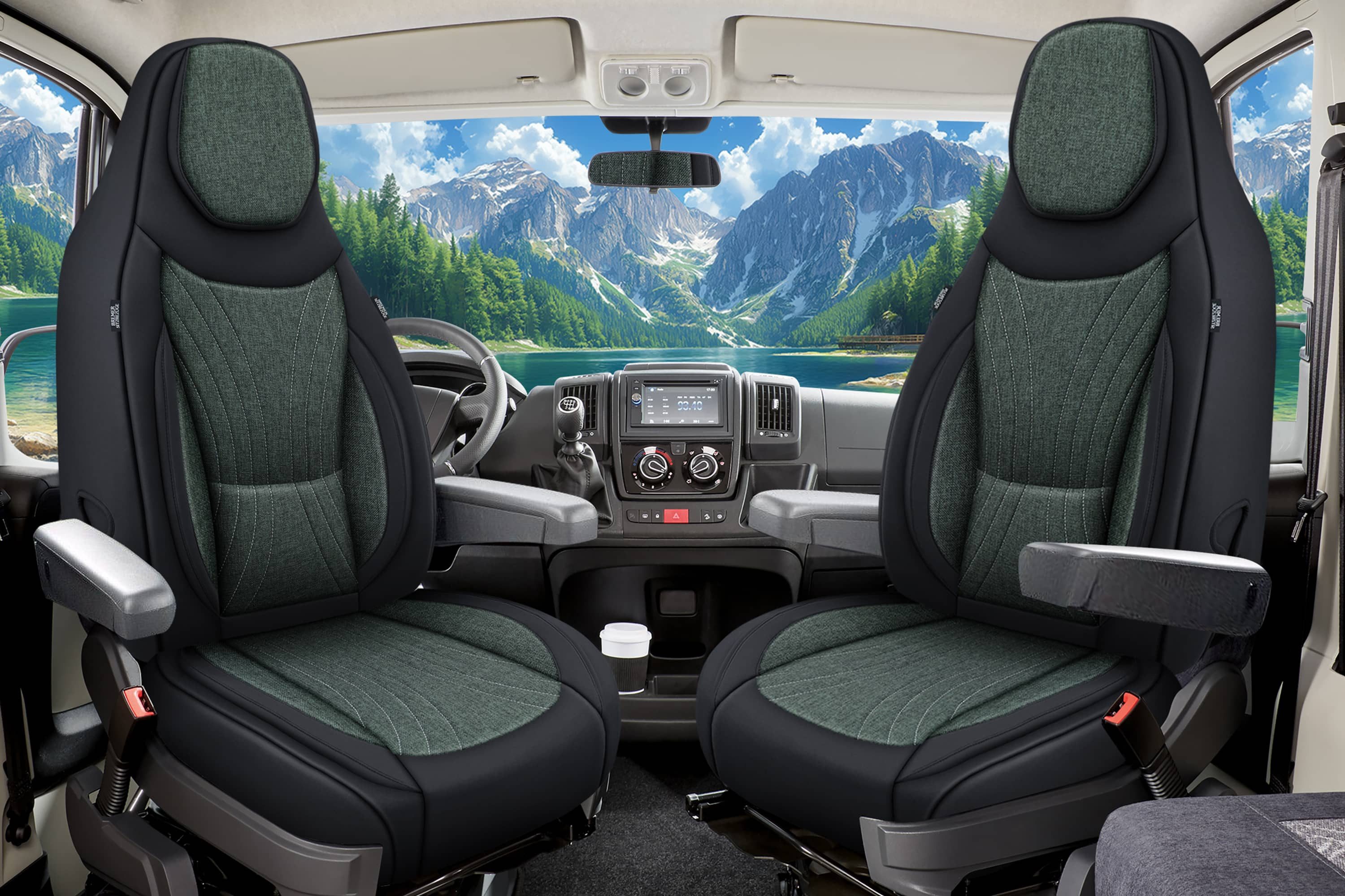 BREMER SITZBEZÜGE Autositzbezug für für Bürstner Campeo (C13), Set, Schonbezüge Sitzbezüge Fahrer und Beifahrer, in Schwarz/Olivgrün