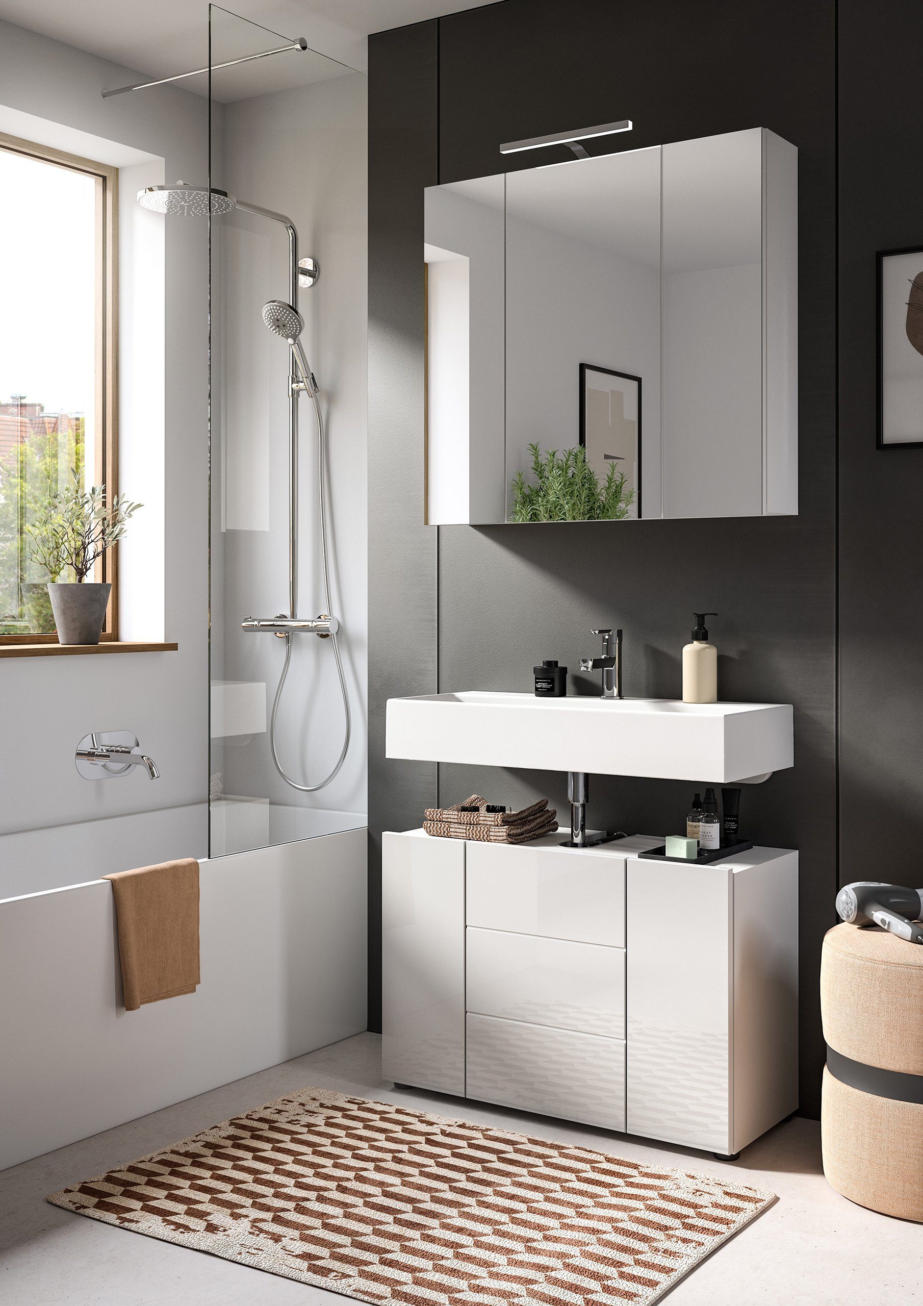 Newroom Waschbeckenunterschrank Valea Waschbeckenunterschrank Weiß Hochglanz Waschtischunterschrank Badu...