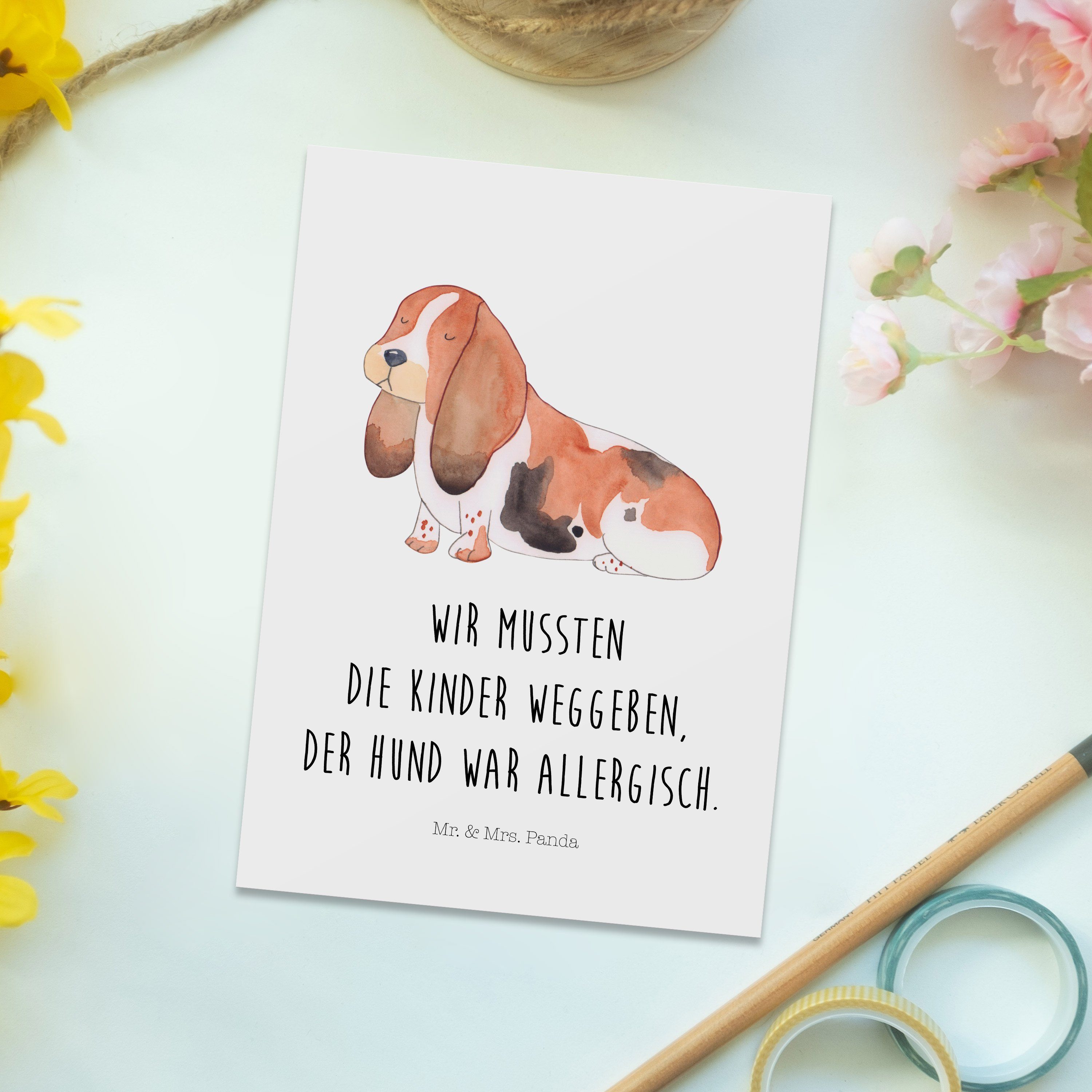 Postkarte Basset - Grußkarte, Ans Geschenk, Mrs. Geburtstagskarte, - Hound Mr. & Hund Weiß Panda