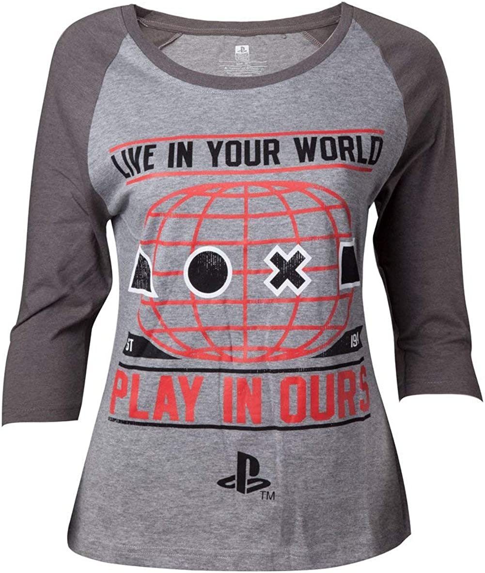 Langarmshirt PLAYSTATION Langarm T-Shirt Mädchen + Damen Lomgsleeve Hellgrau meliert S M L XL XXL