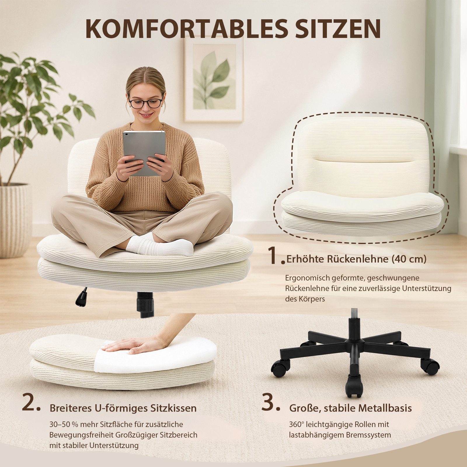 Durrafy Drehstuhl Bürostuhl aus Samt, Schminkstuhl ohne Armlehnen, mit Rollen (1er Set), für Schminktisch & Homeoffice, 360° drehbar, höhenverstellbar, 160 kg – Bild 5 von 5