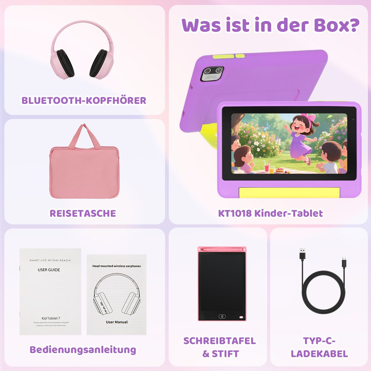 Happybe 7 Zoll 64GB HD-Display mit Schreibtafel, Kopfhörer & Tasche Kinder Tablet (7", 64 GB, Android, Android 15, Vorinstallierte Kindersoftware, Lernen durch Spielen)