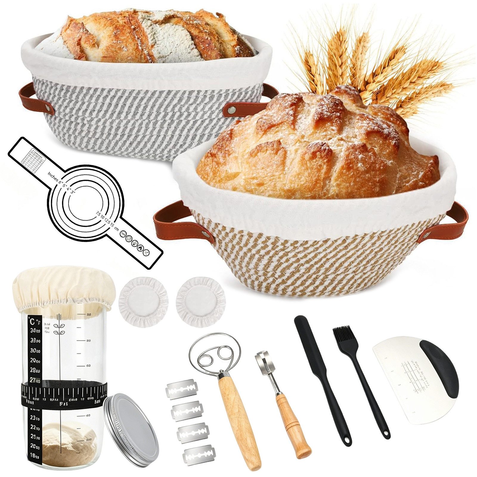 AKKEE Gärkorb 21-teilig Sauerteig-Starter-Set mit Liner Gärkörbchen für Brotteig, Komplettset zum Brotbacken für Anfänger und erfahrene Hobbybäcker