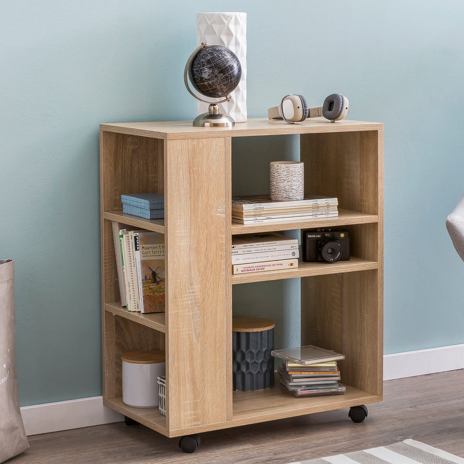 KADIMA DESIGN Rollcontainer Regal WL5.695 Sonoma 60x35x75 cm Regalwagen mit Rollen Holz, Schmales, (Standcontainer hoch), Küchen-Regal, Telefontisch Rollwagen Modern, Bücher-Regal schmal