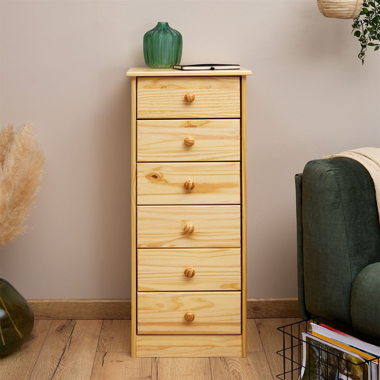 IDIMEX Kommode RONDO, Kommode Hochschrank mit 6 Schubladen Highboard Kiefer massiv lackiert